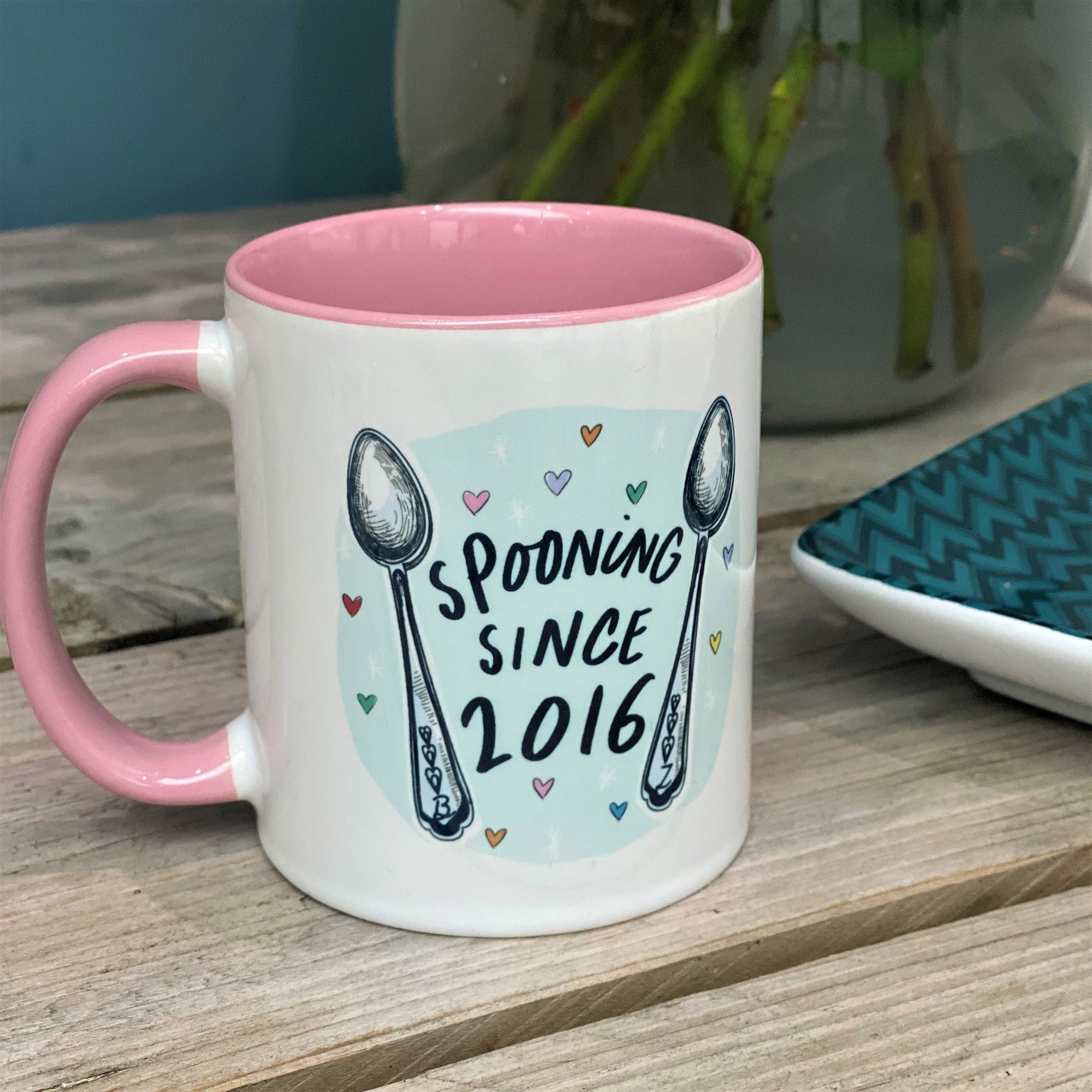 Personalised Valentines Mug with "Spooning Since 2016" design