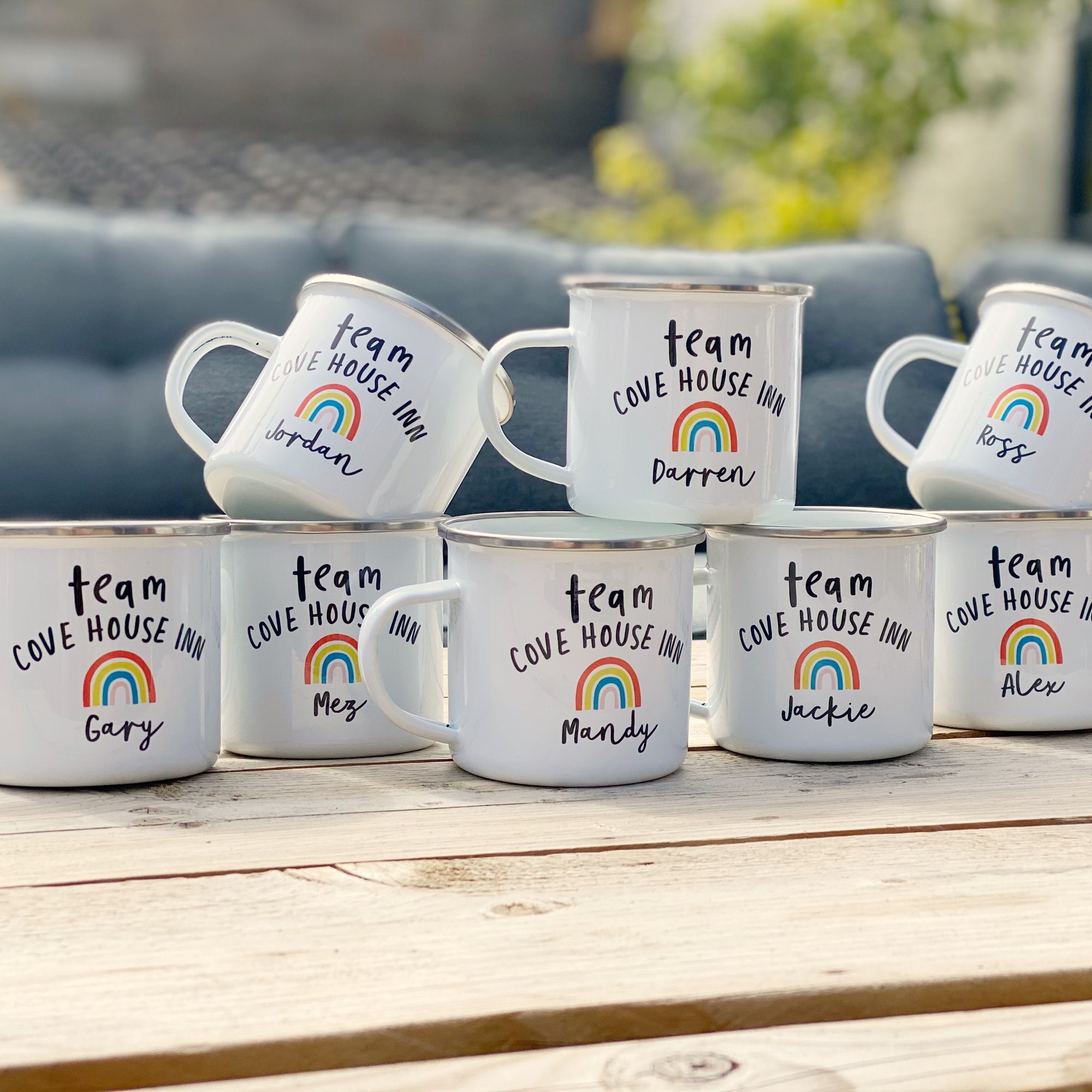 Team Enamel Mugs With Rainbow, For Family Or Work Team