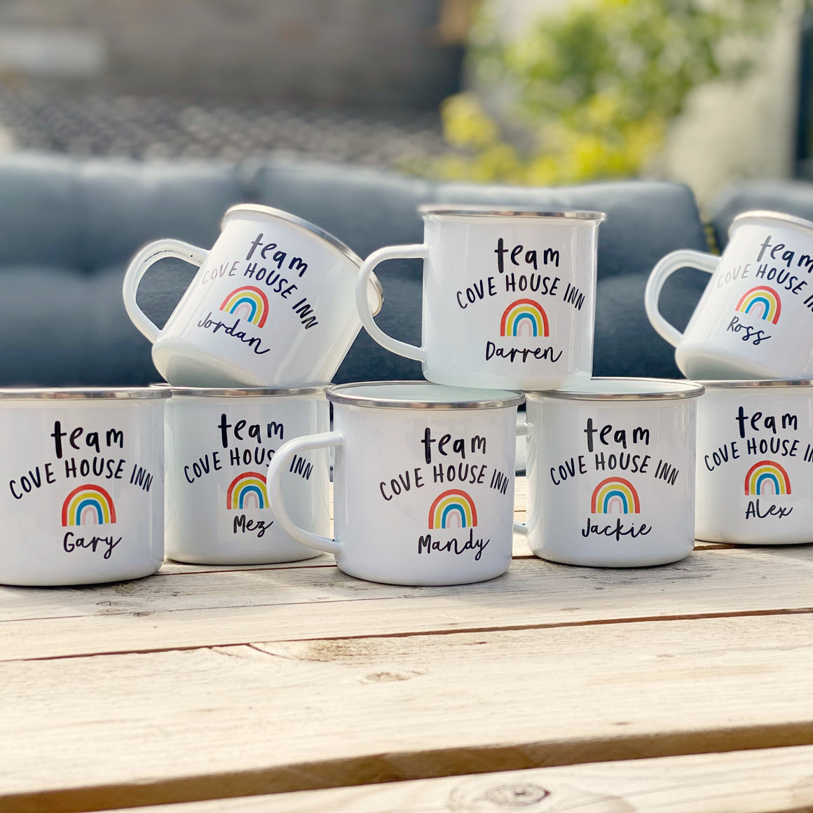 Team Enamel Mugs With Rainbow, For Family Or Work Team