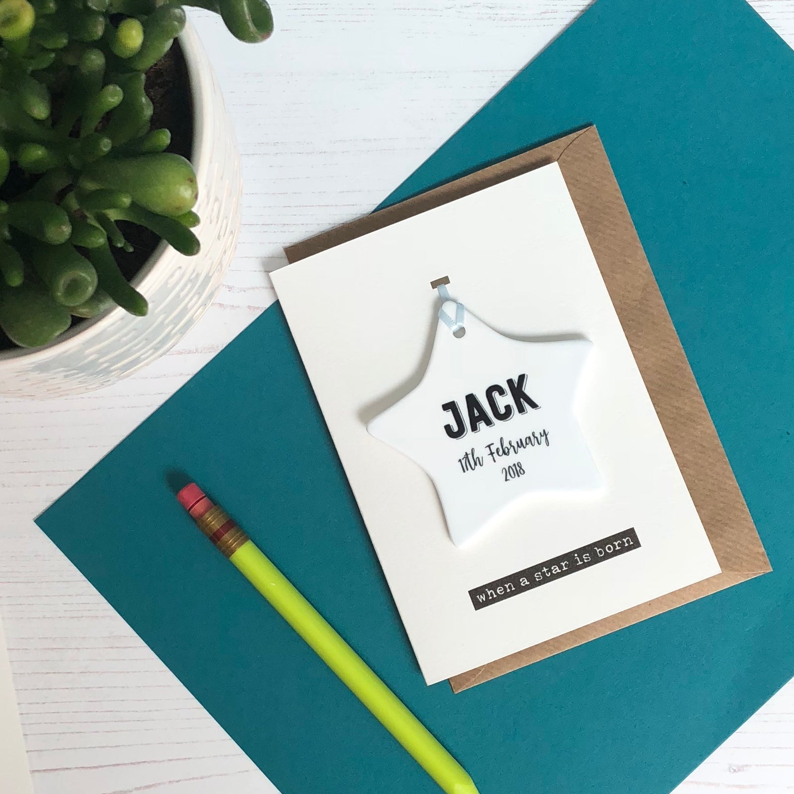 New Baby Card With Ceramic Star Ornament Keepsake - Hendog Designs