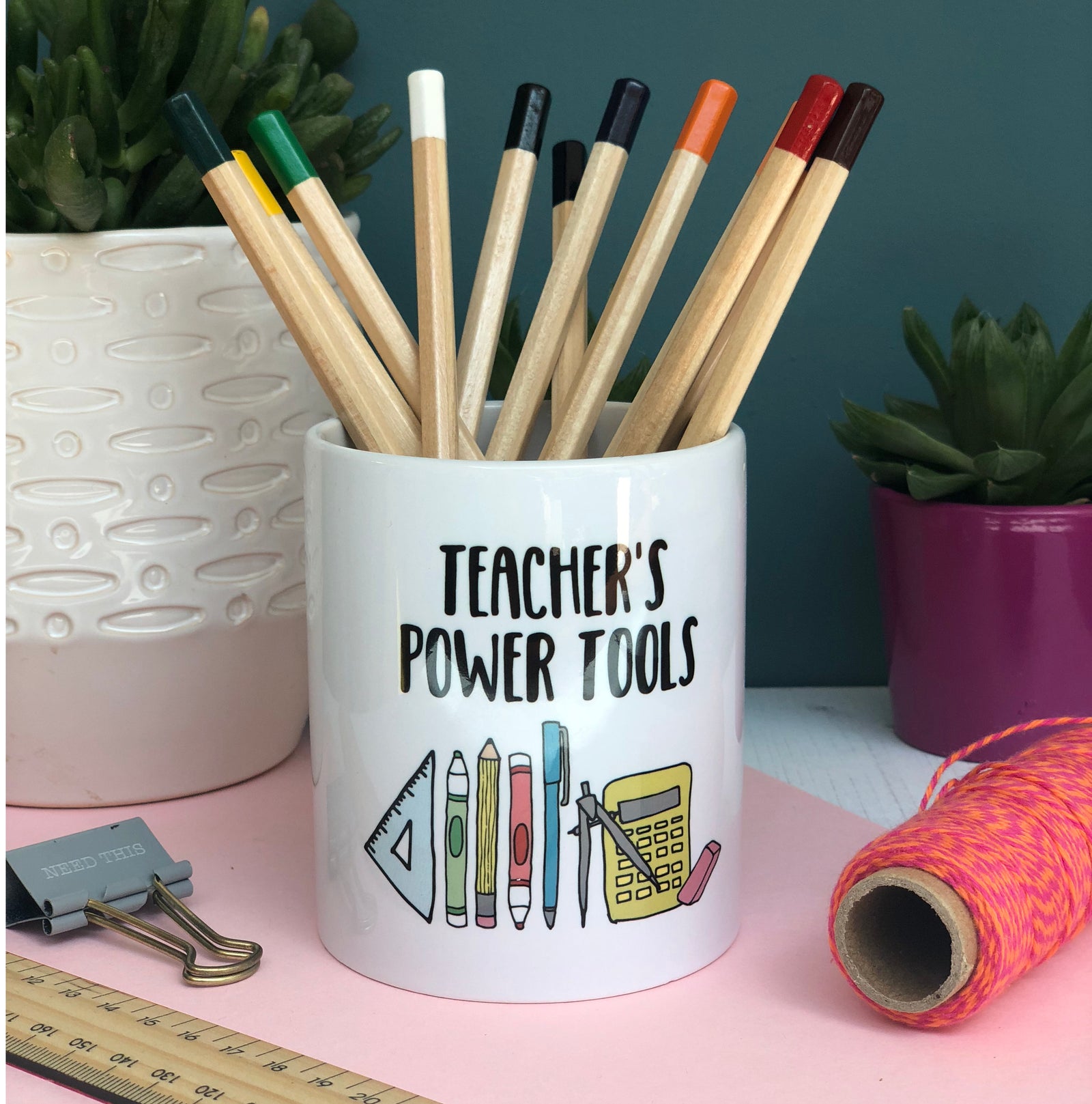 Teacher Ceramic Pen Pot With Teacher's Power Tools Design - Hendog Designs