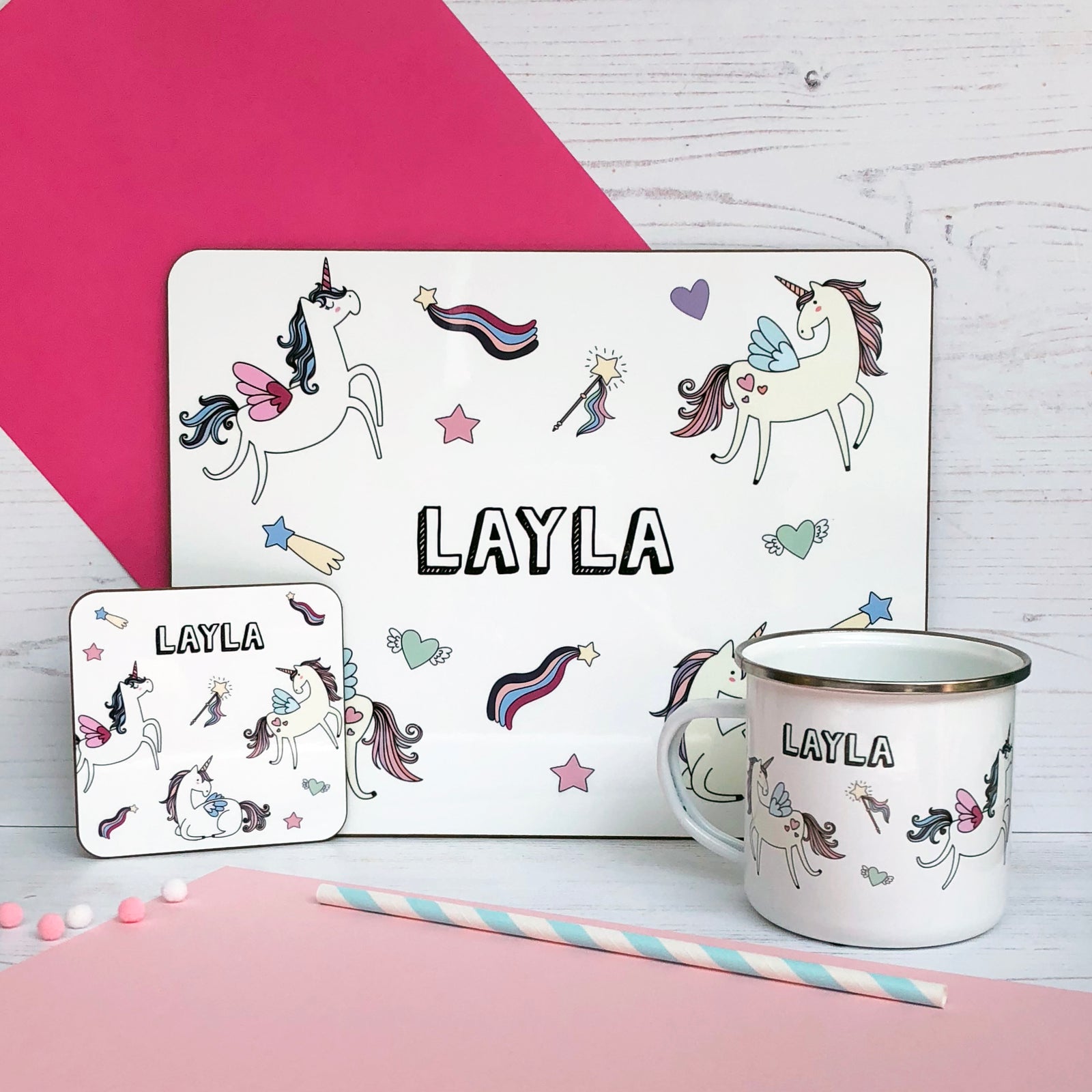 Unicorn Placemat, Coaster & Enamel Mug Gift Set - Hendog Designs
