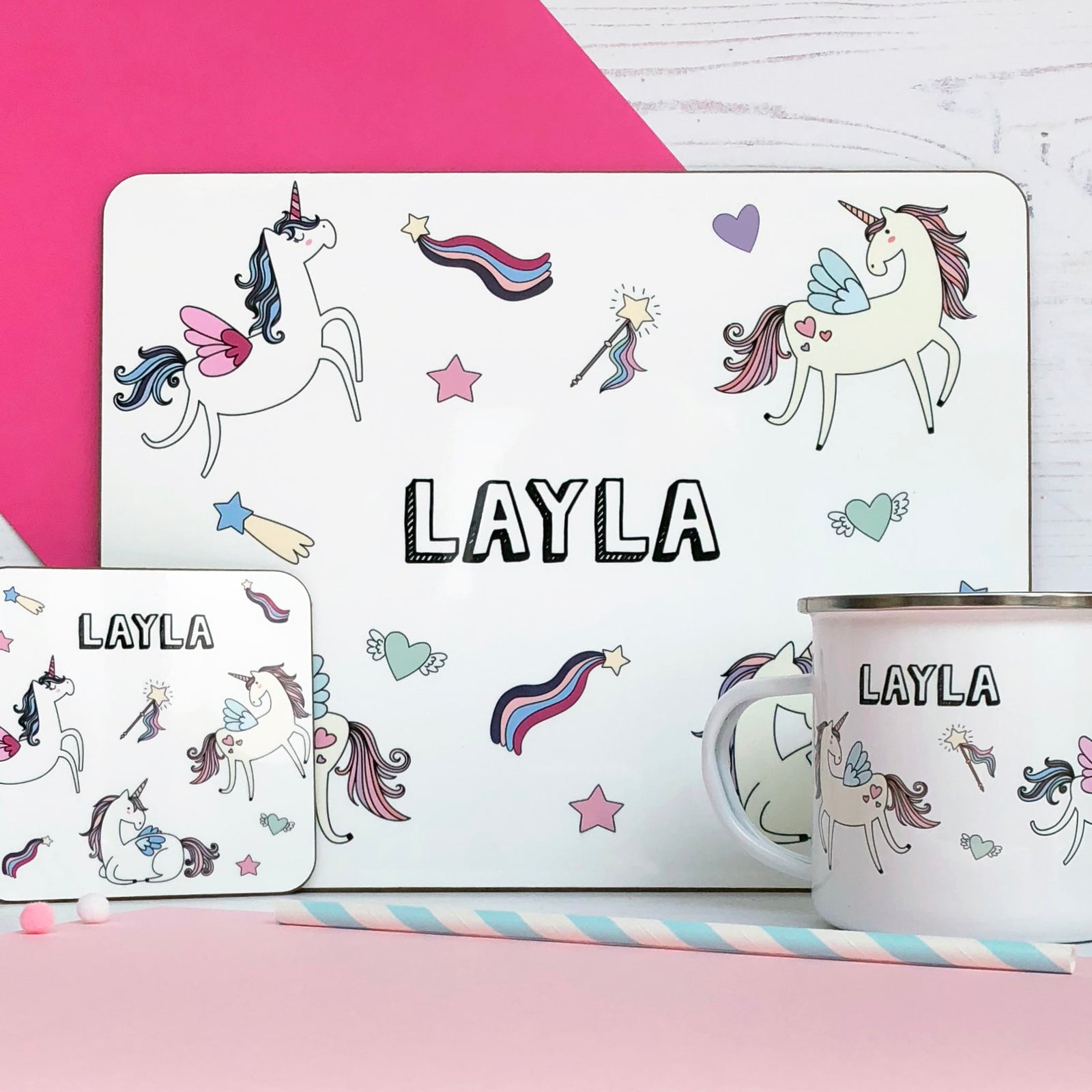 Unicorn Placemat, Coaster & Enamel Mug Gift Set - Hendog Designs