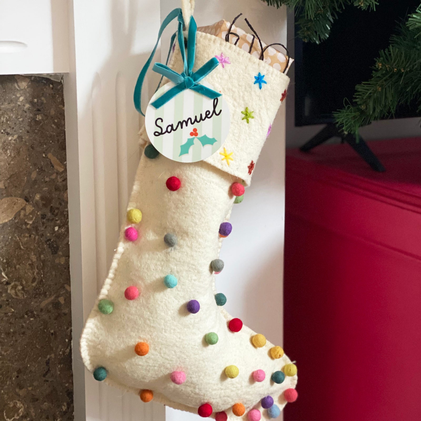 Christmas Stocking Tag Striped With Holly Design