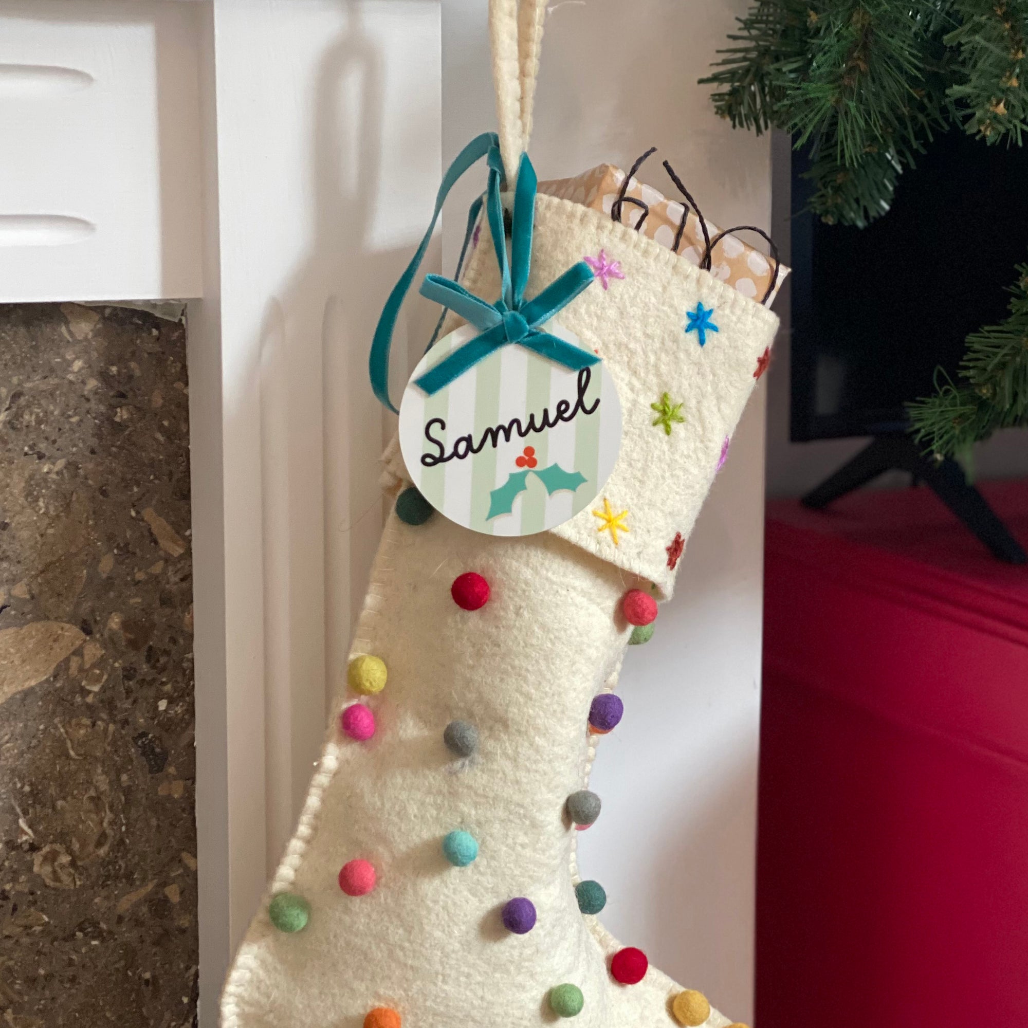 Christmas Stocking Tag Striped With Holly Design