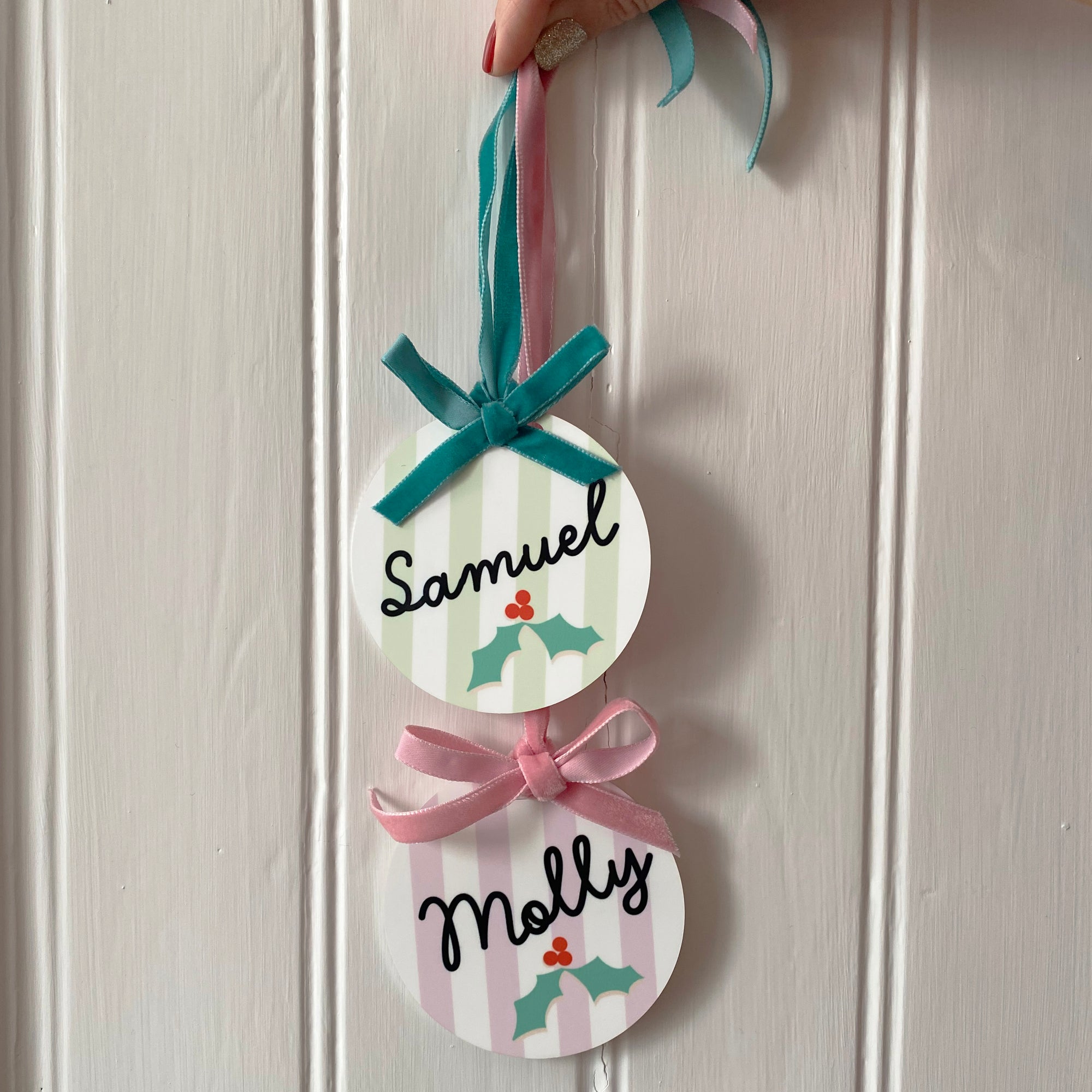 Christmas Stocking Tag Striped With Holly Design