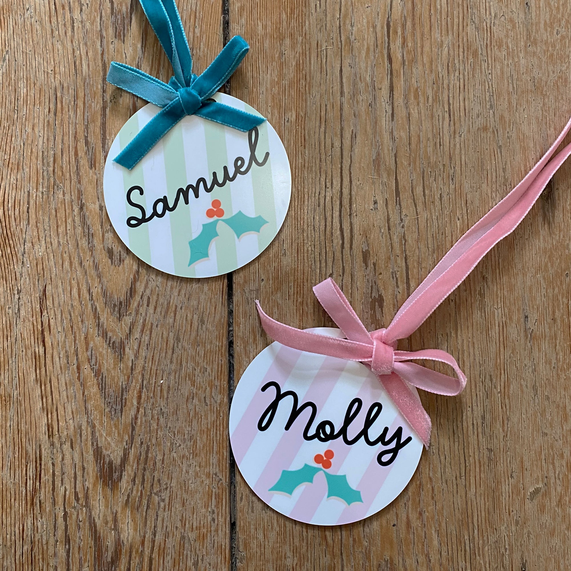 Christmas Stocking Tag Striped With Holly Design