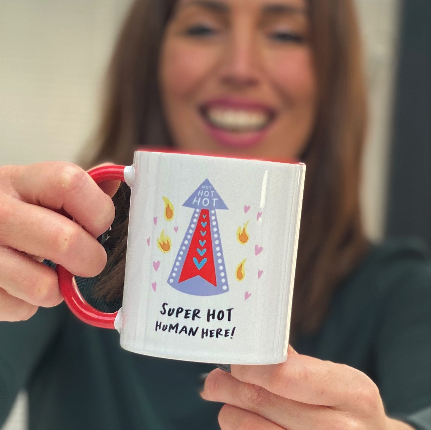 Super hot human china mug with flames and arrow artwork