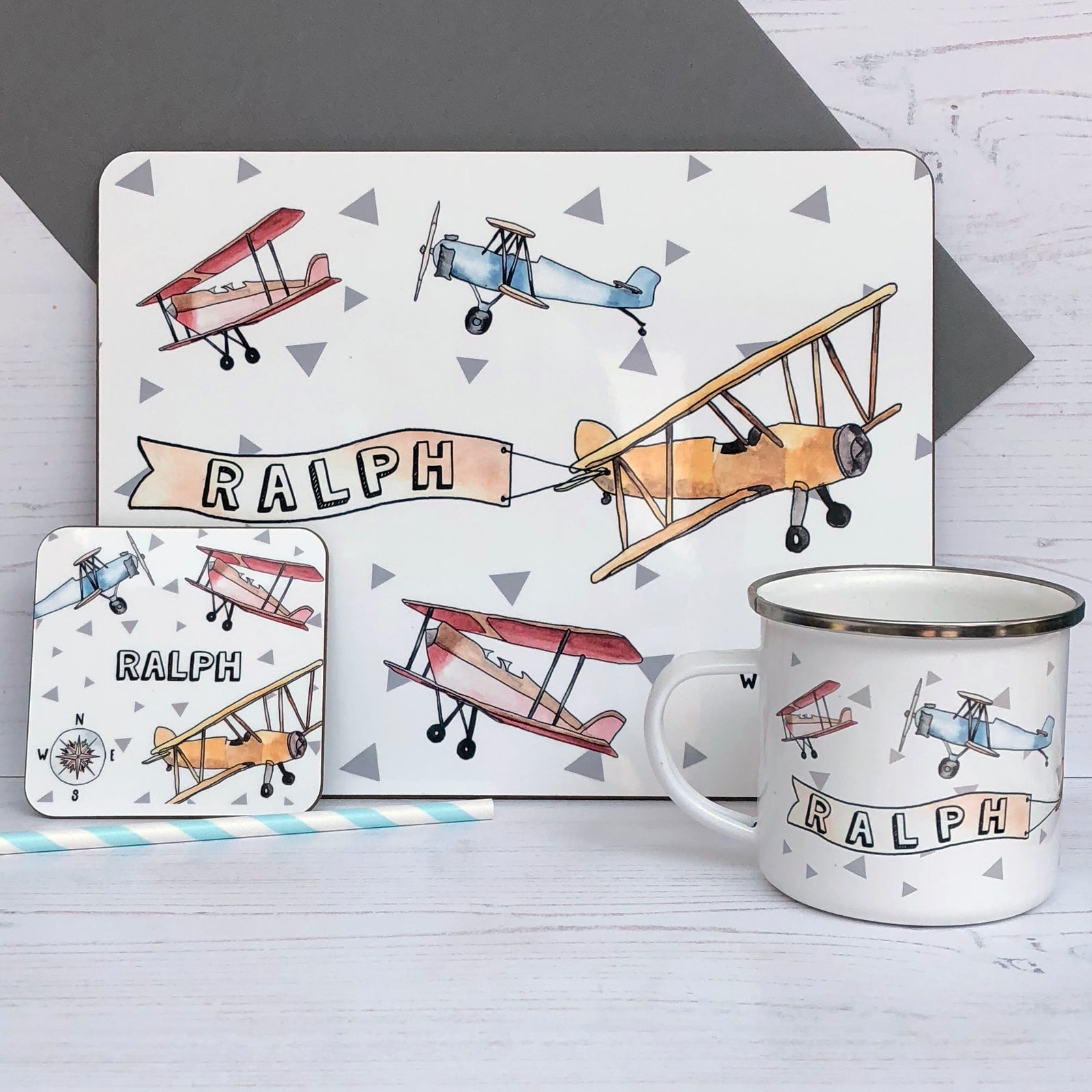Vintage Aeroplanes Placemat and coaster and tin mug