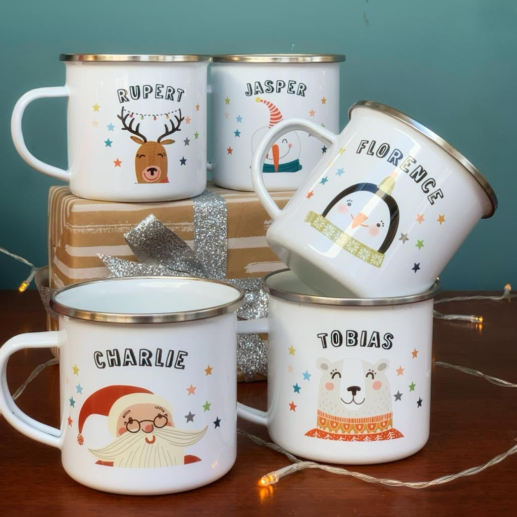 Christmas Enamel Mug With Snowman Wearing Hood
