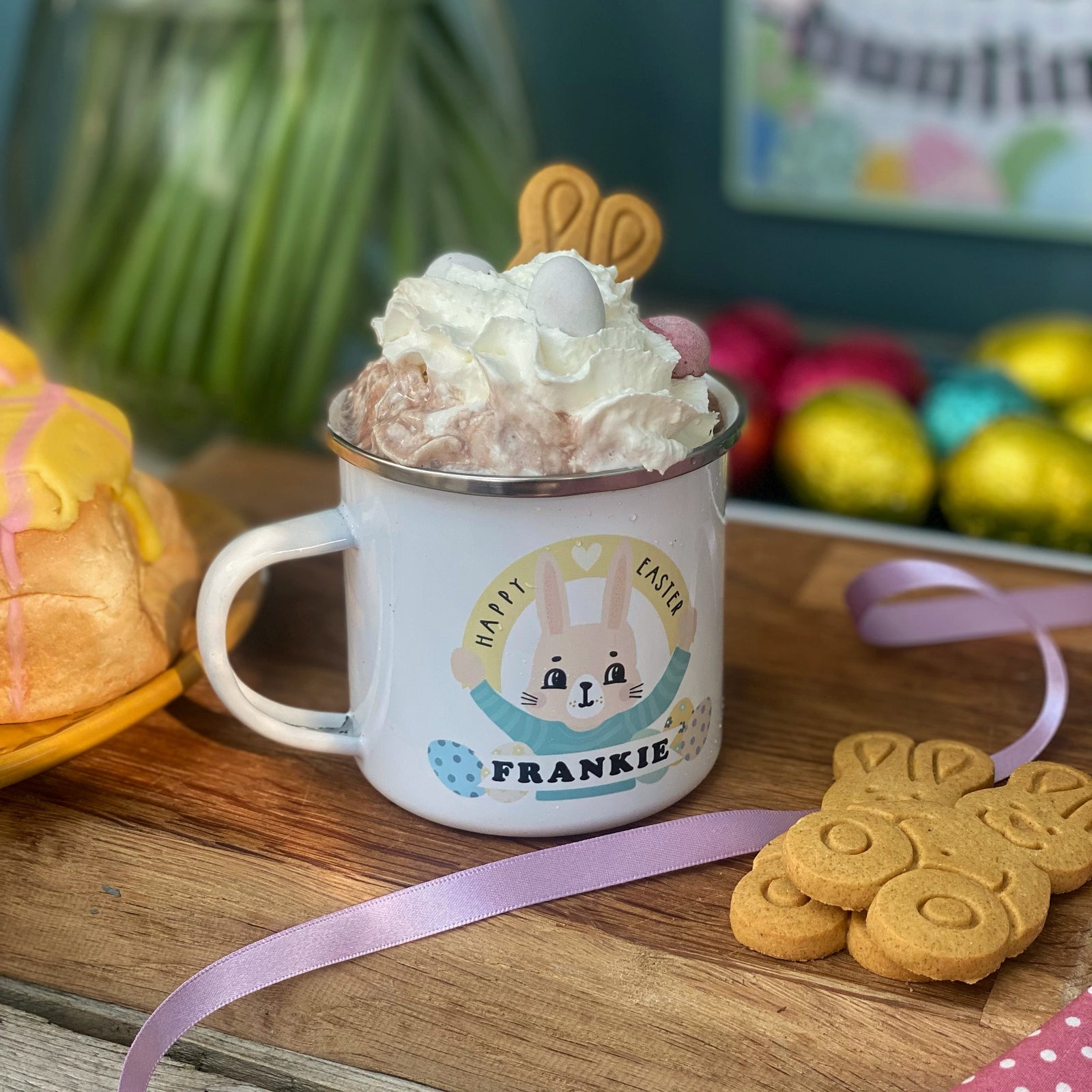 Cute Bunny Happy Easter Enamel Mug In Pastel Colours