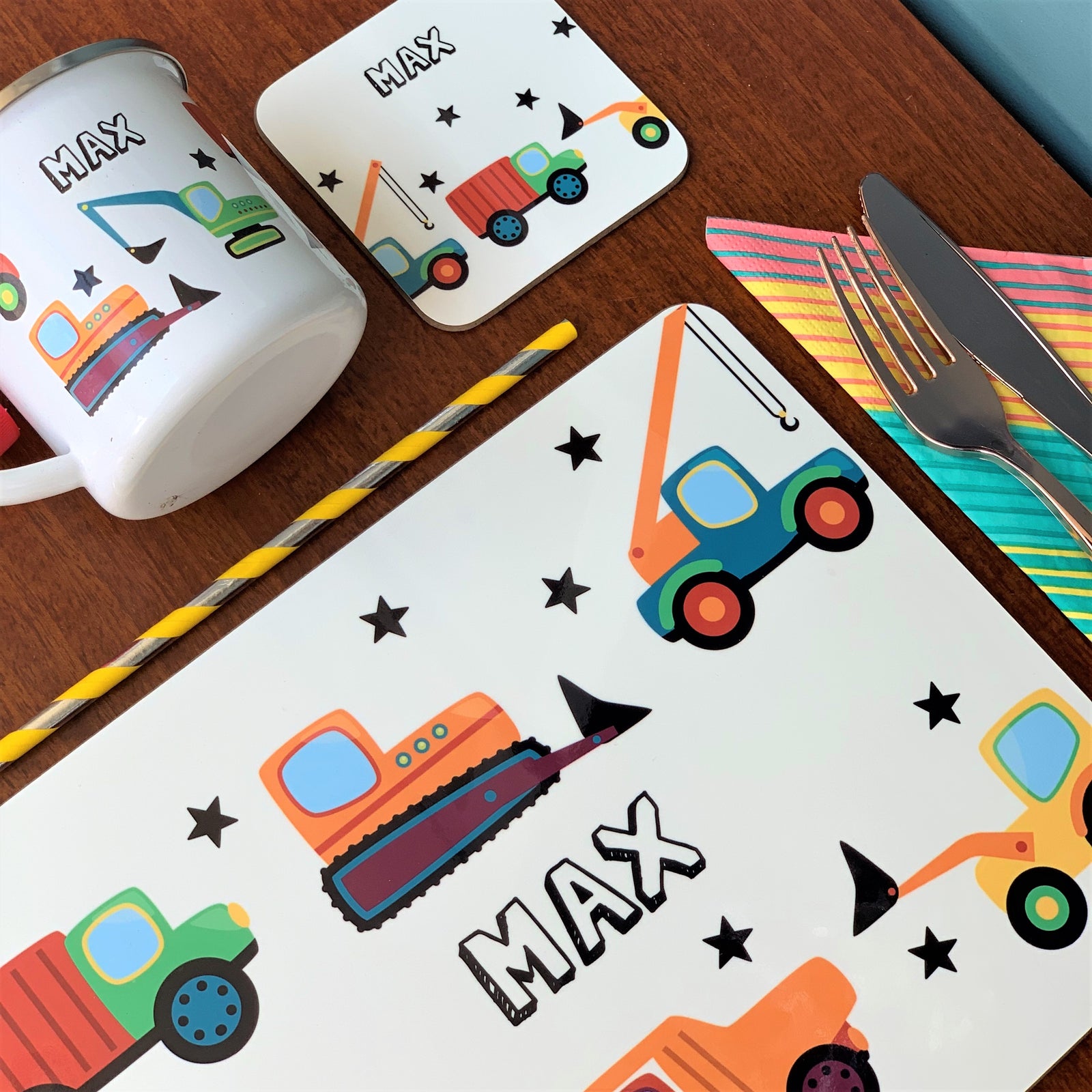 Digger and Trucks Placemat, Coaster & Enamel Mug Gift Set - Hendog Designs