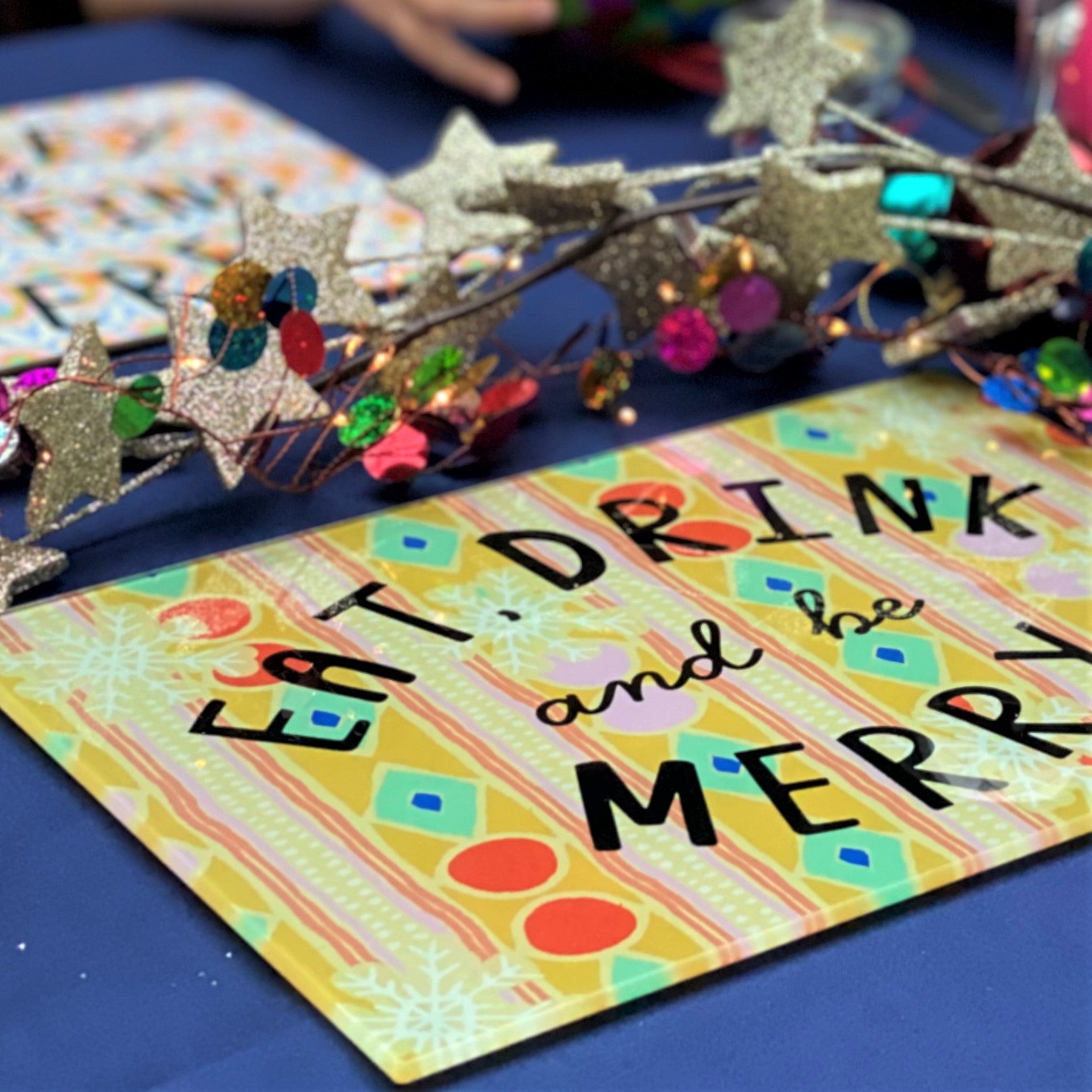 Festive Eat, Drink And Be Merry Glass Serving/Cutting Board