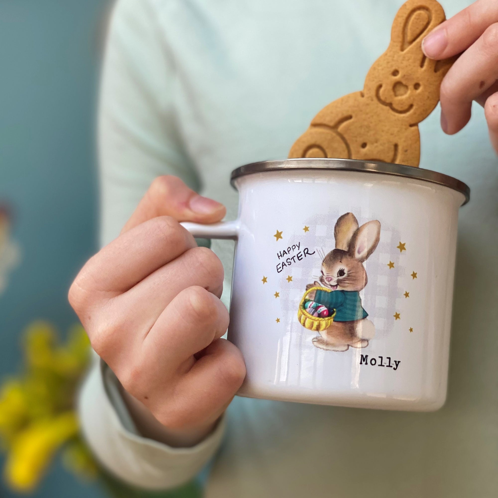 Retro Easter Bunny Gingham Background Enamel Mug