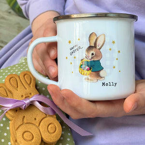 Retro Easter Bunny Gingham Background Enamel Mug