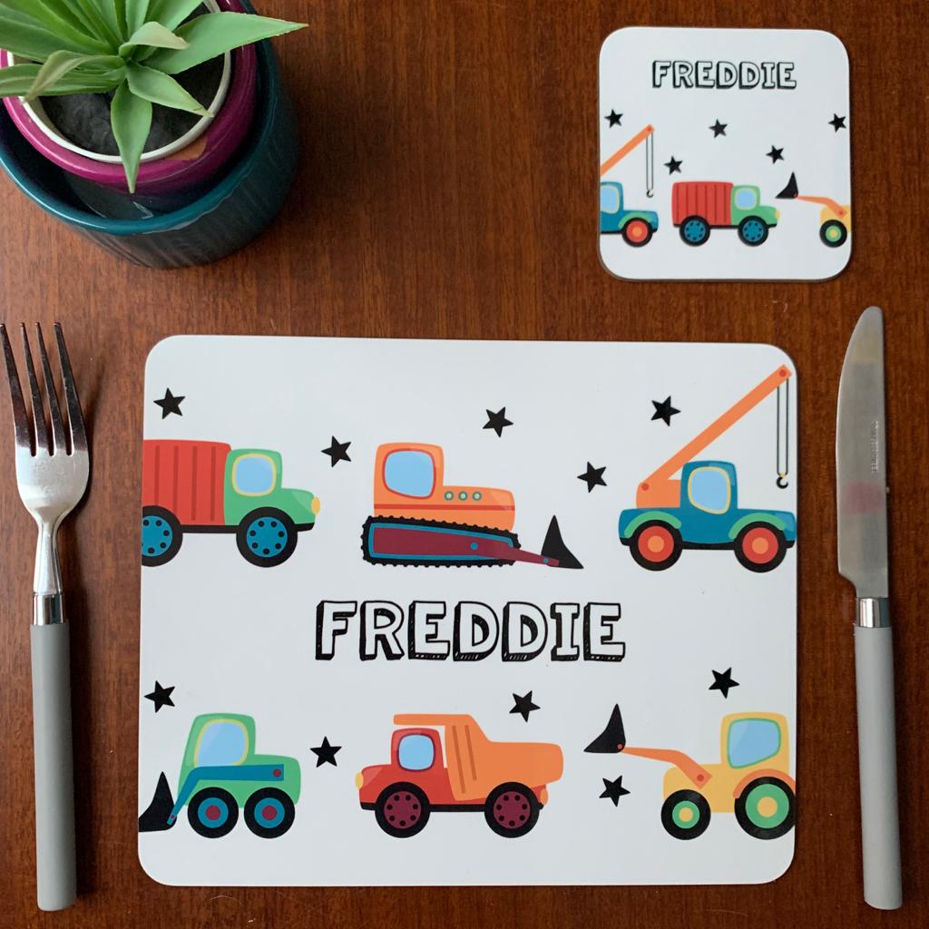 Digger and Trucks Placemat, Coaster & Enamel Mug Gift Set - Hendog Designs