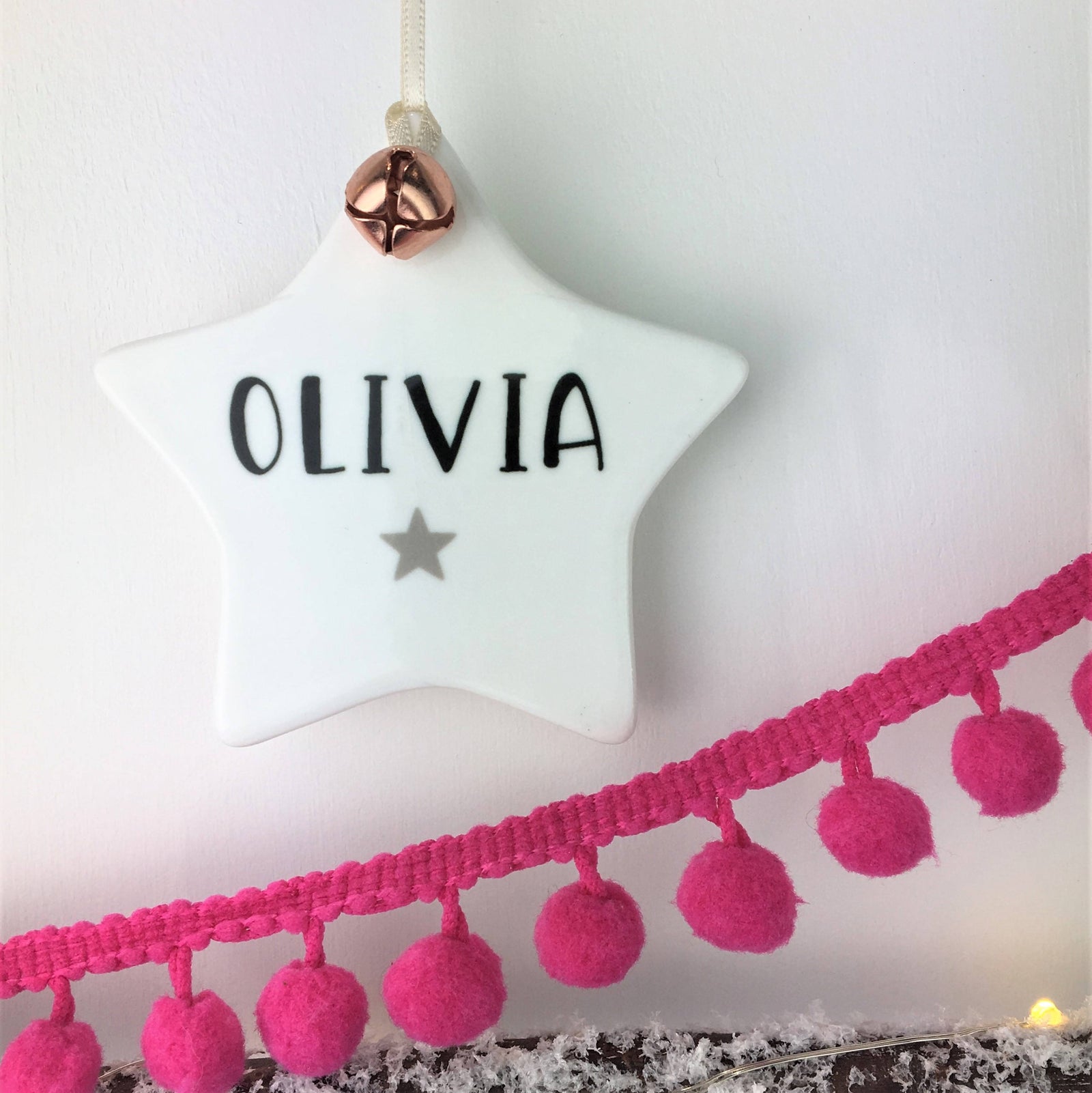Ceramic Star Personalised Decoration, with Jingle Bell - Hendog Designs