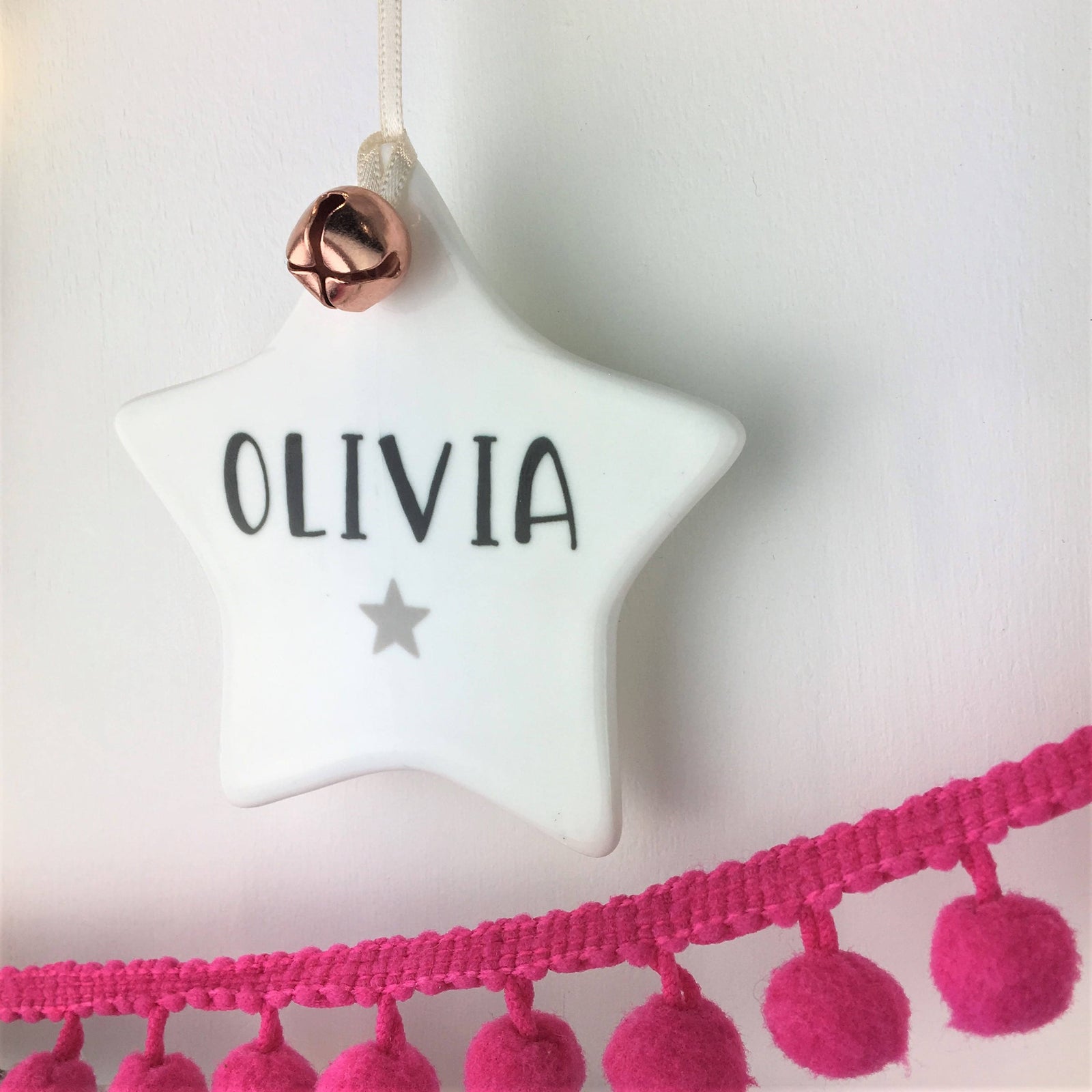 Ceramic Star Personalised Decoration, with Jingle Bell - Hendog Designs
