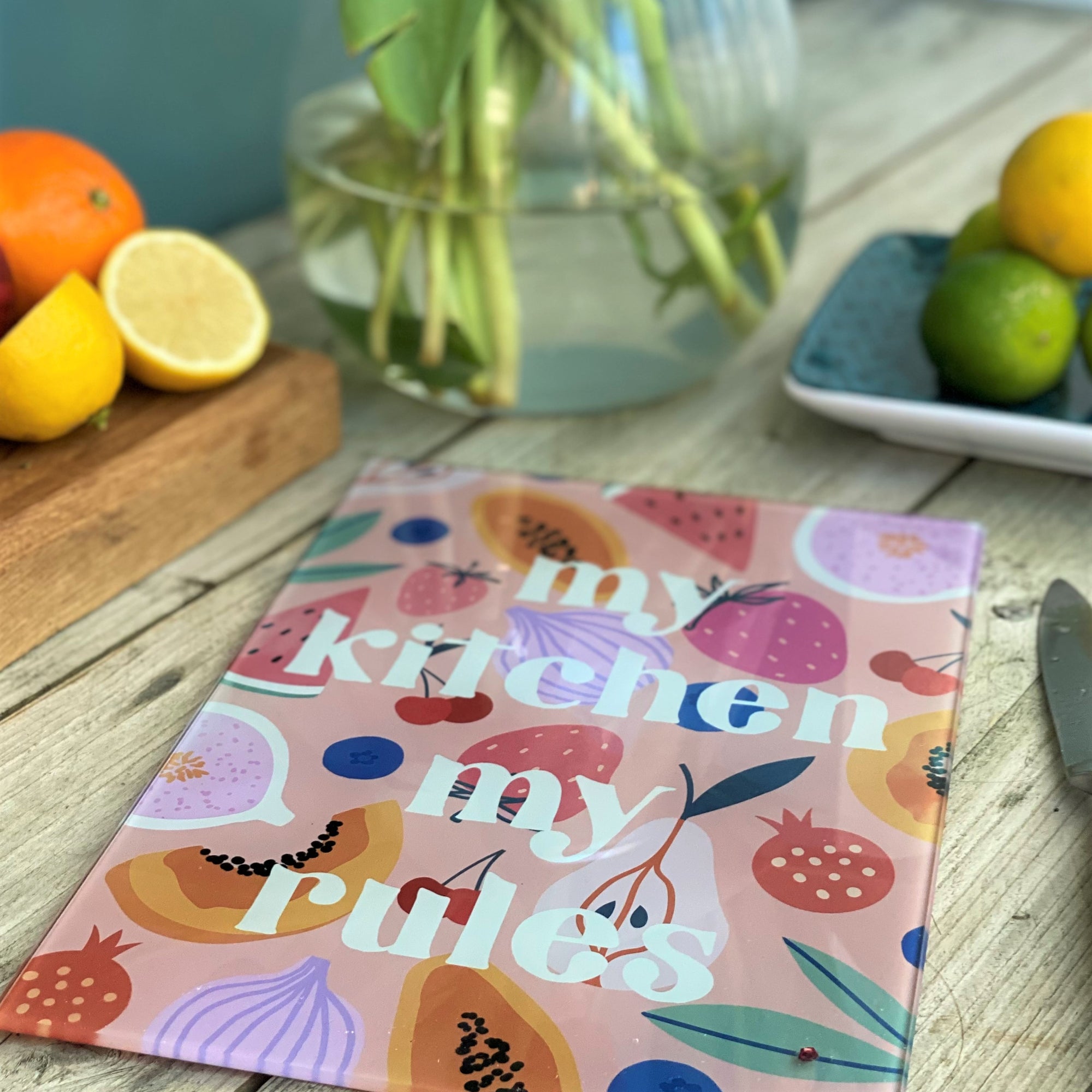 Fruit 'My Kitchen My Rules' Glass Cutting Board