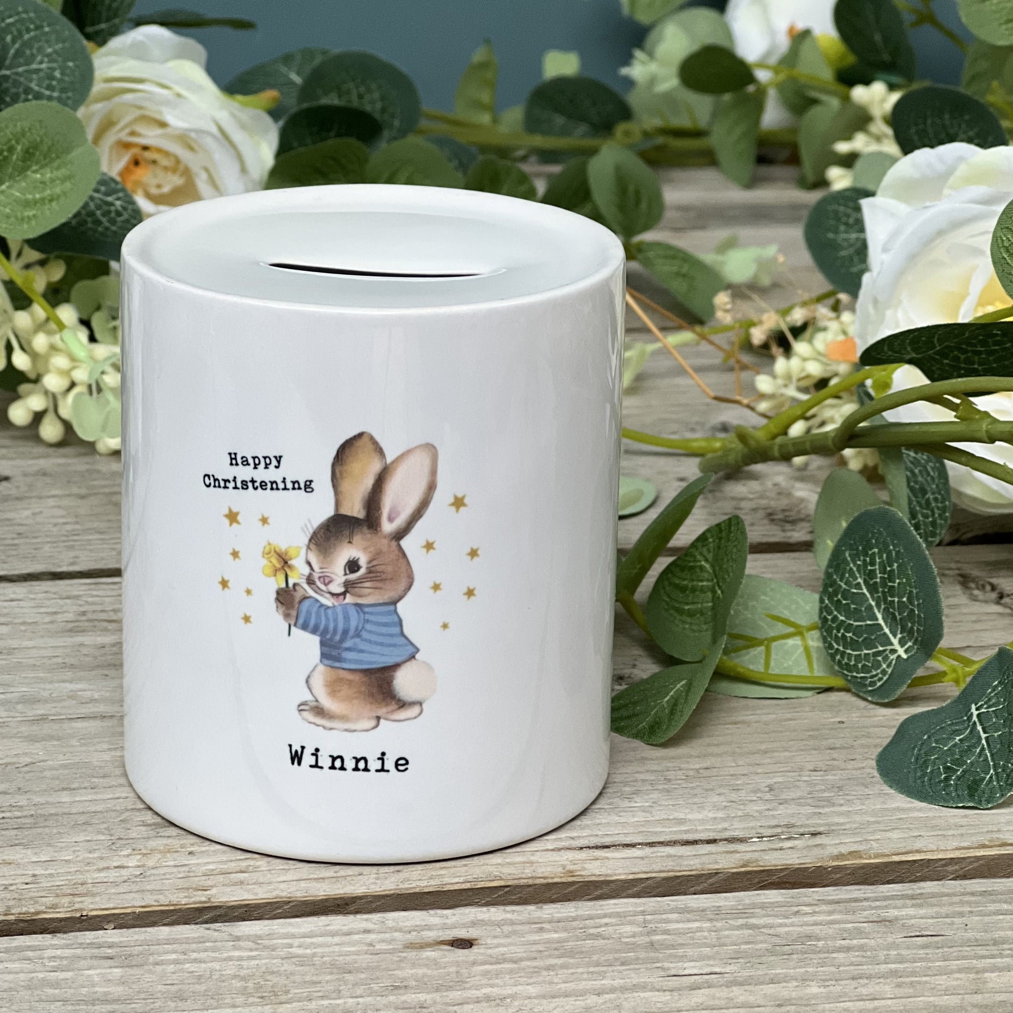 Cute Bunny Christening Or Baptism Money Box