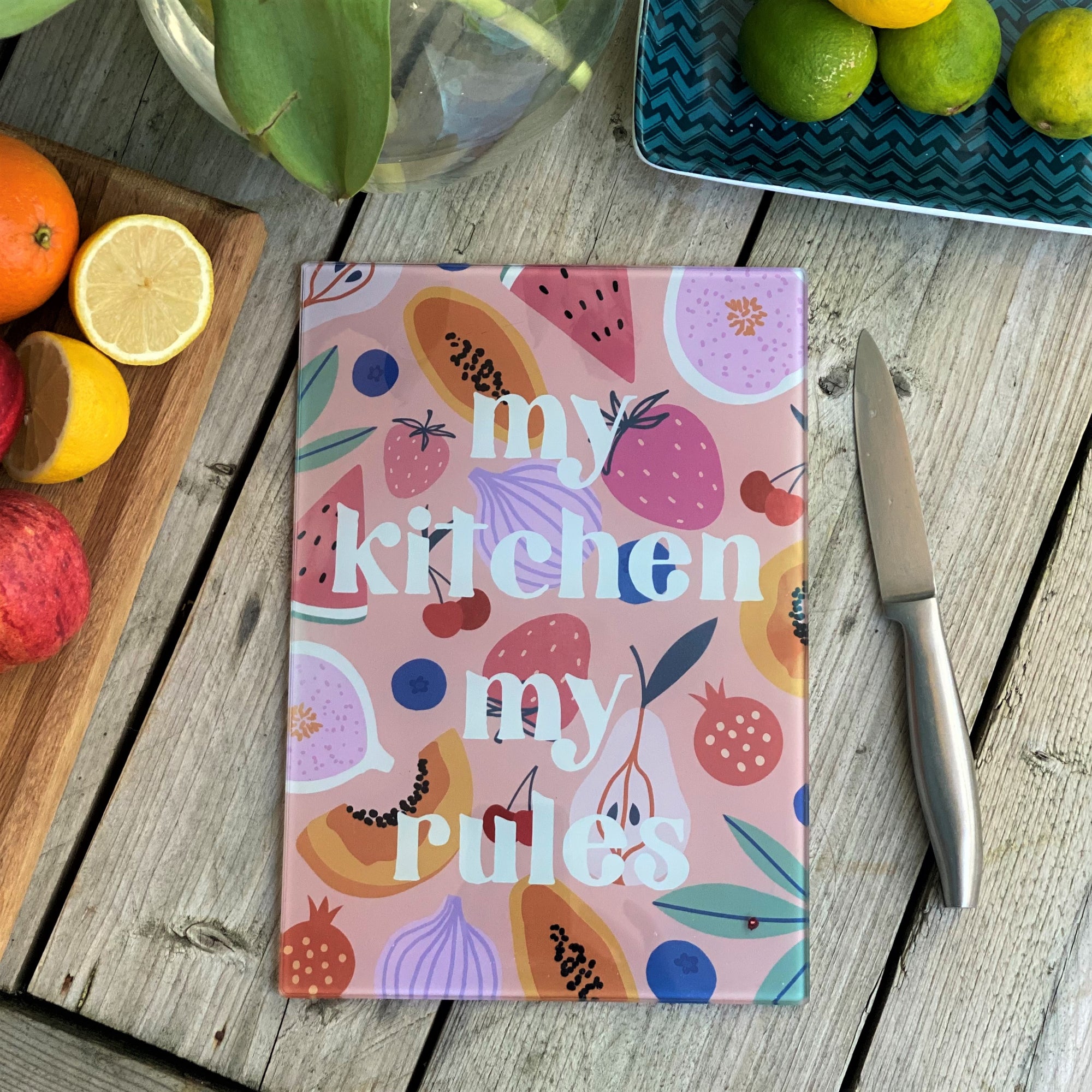 Fruit 'My Kitchen My Rules' Glass Cutting Board