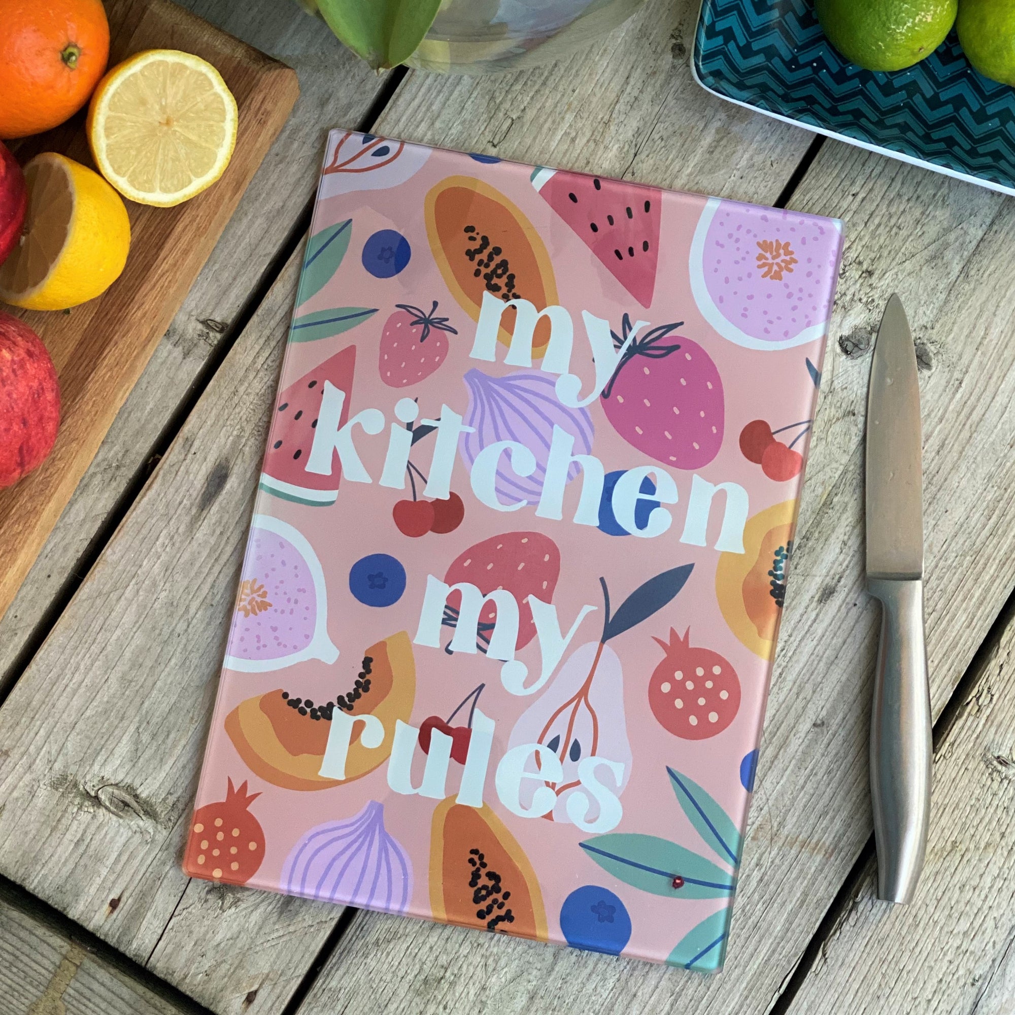 Fruit 'My Kitchen My Rules' Glass Cutting Board