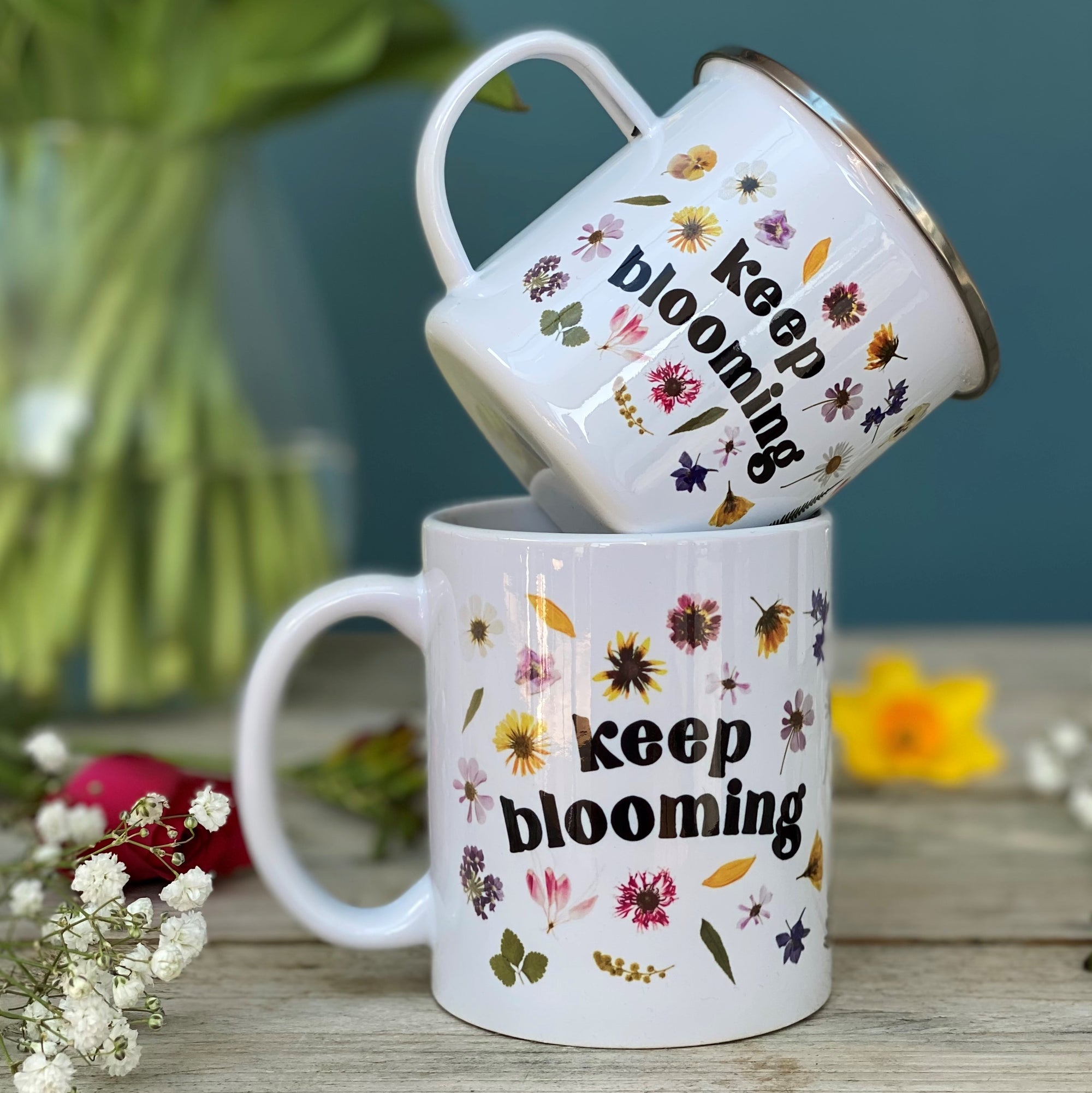 Keep Blooming Pressed Flower Enamel Mug