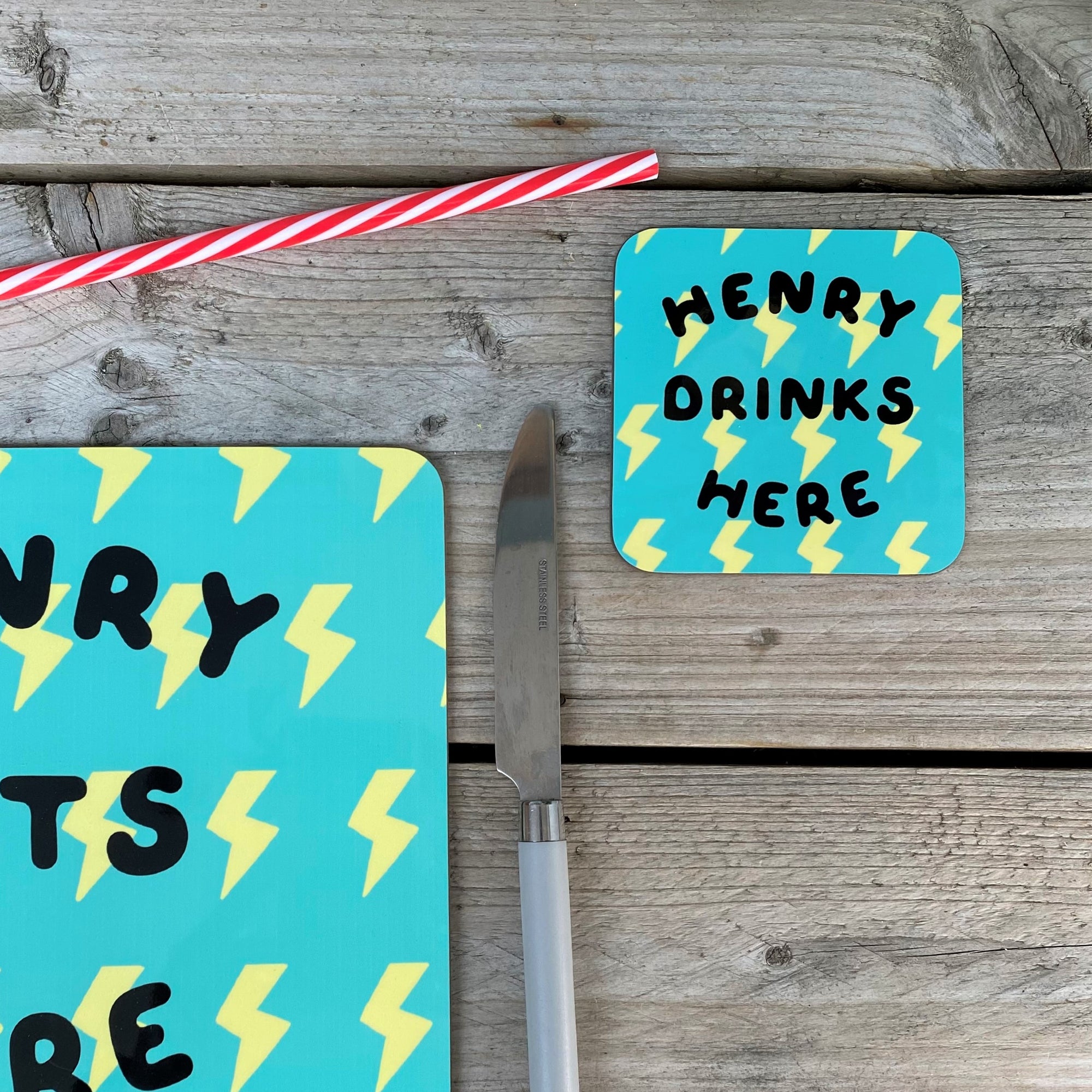 Bright Lightning Bolt Aqua/Yellow Personalised Coaster