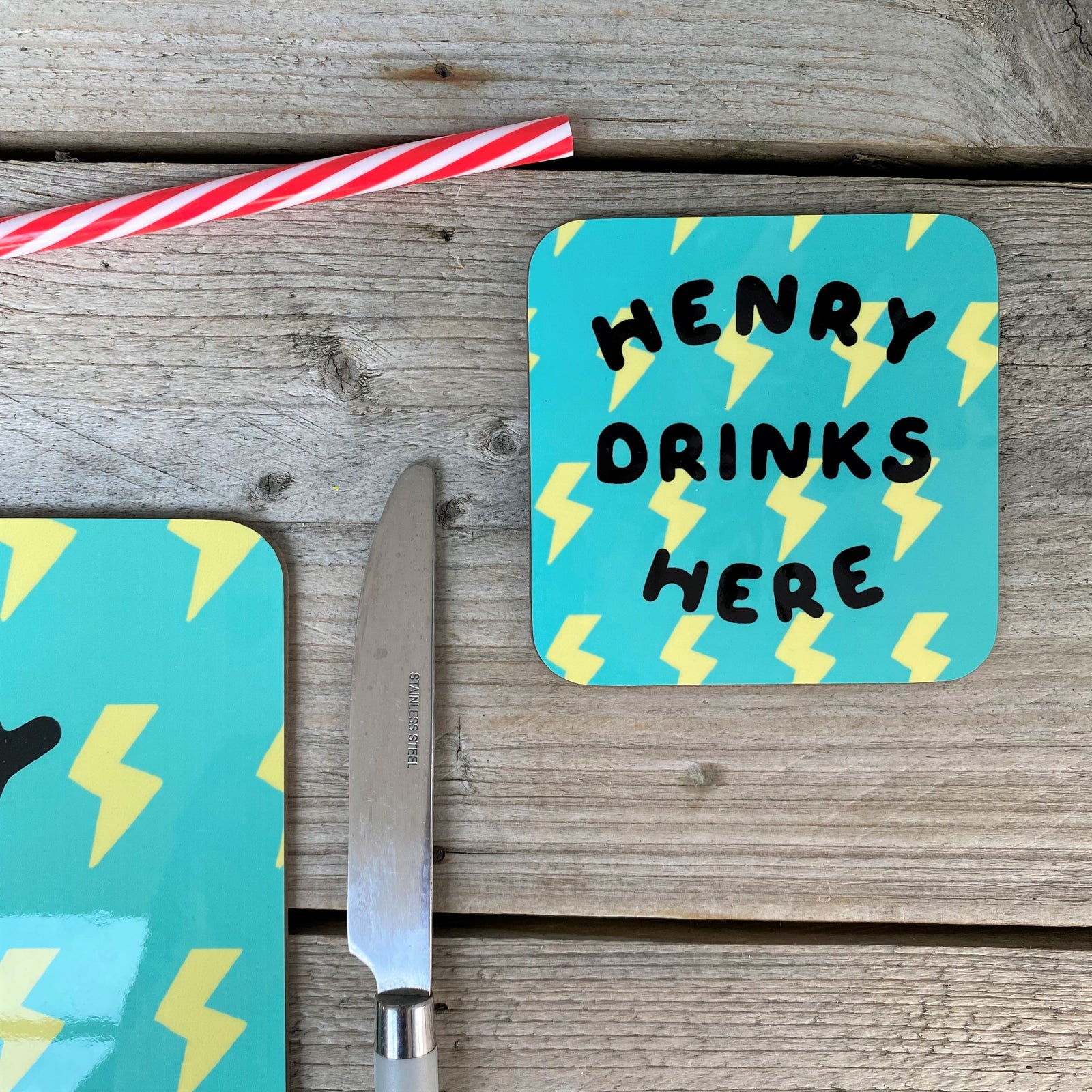 Bright Lightning Bolt Aqua/Yellow Personalised Coaster
