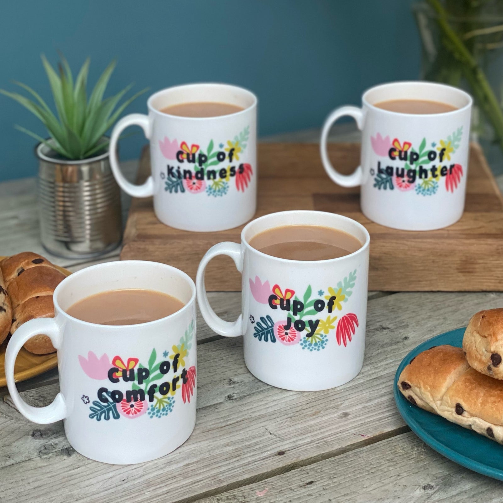 Set Of Four Bone China  Mugs 'Cup Of…' Design