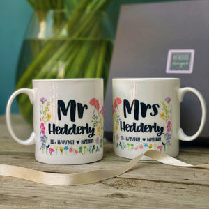 Mr And Mrs Floral Wedding Bone China Mug Set
