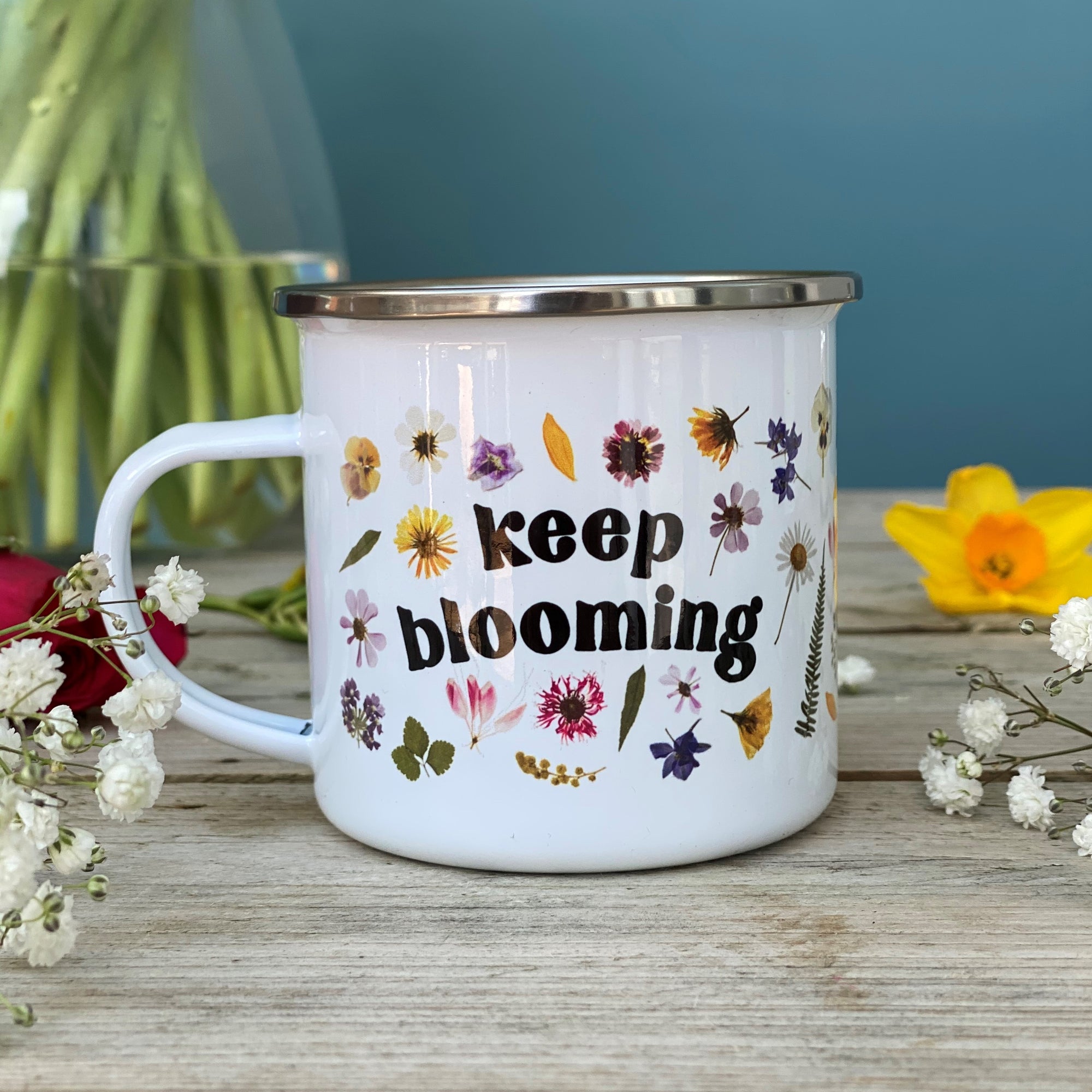 Keep Blooming Pressed Flower Enamel Mug