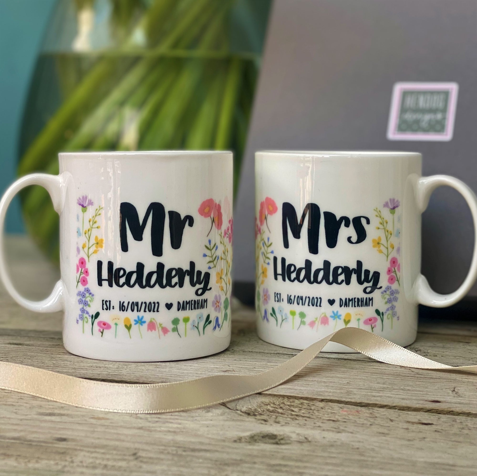 Mr And Mrs Floral Wedding Bone China Mug Set