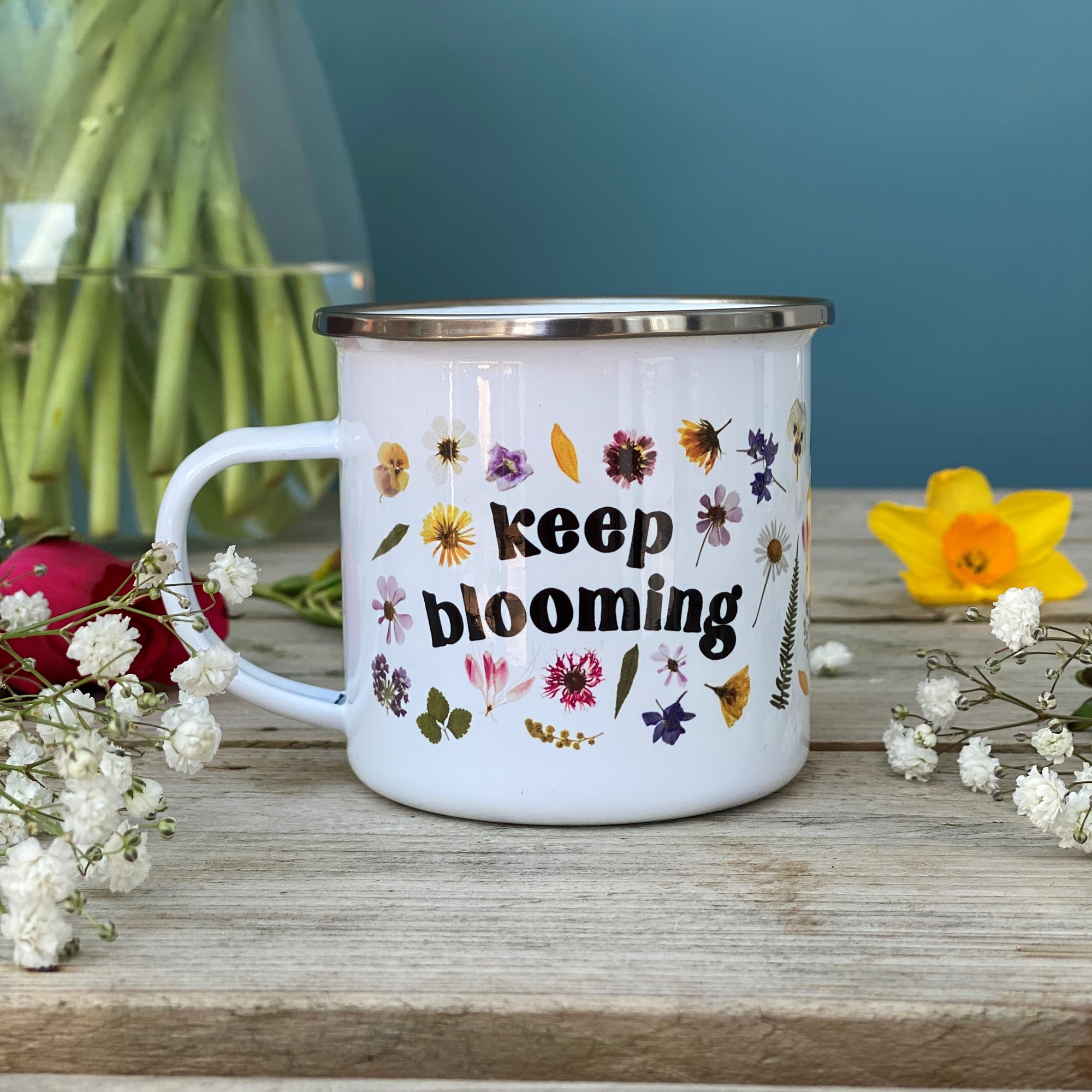 Keep Blooming Pressed Flower Enamel Mug