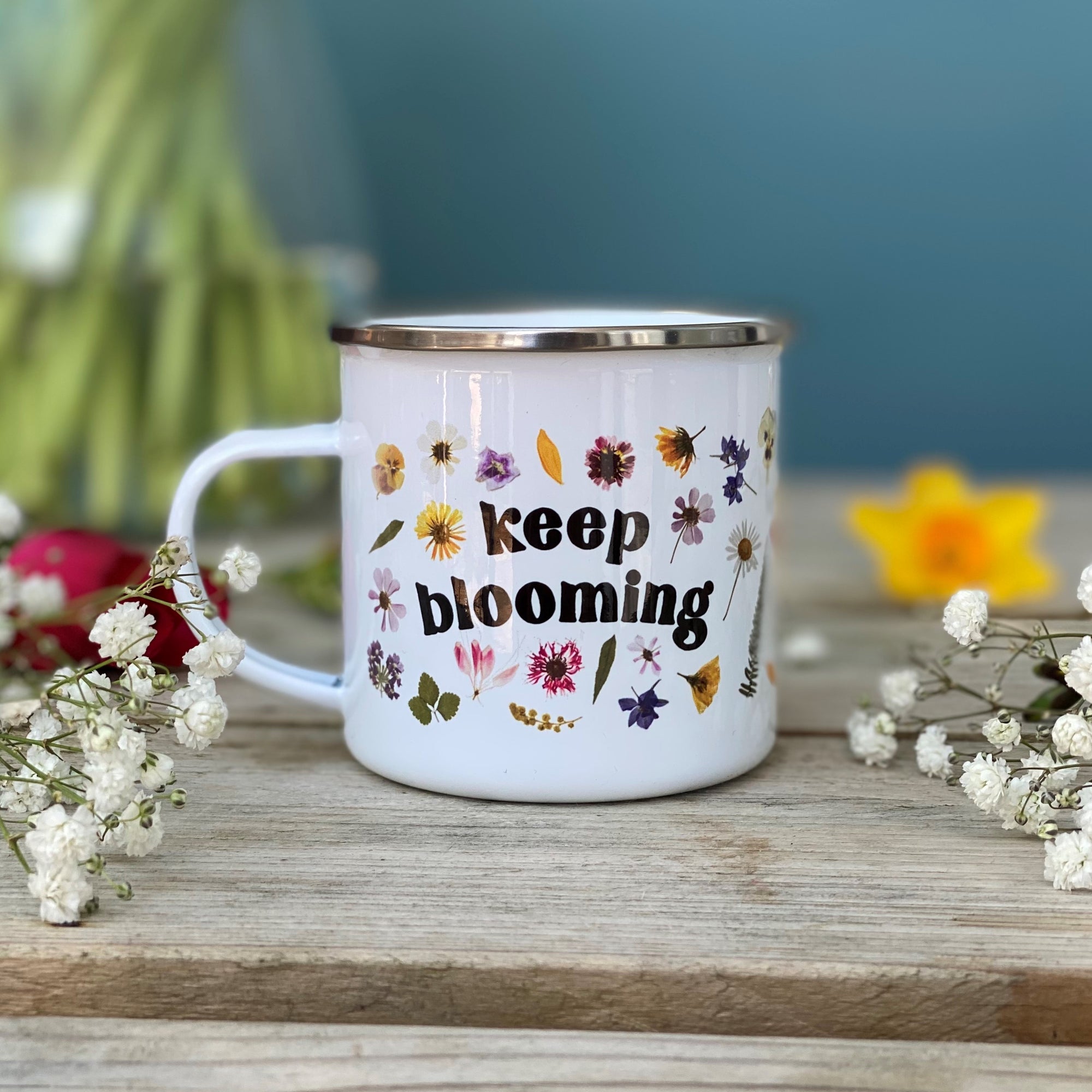 Keep Blooming Pressed Flower Enamel Mug