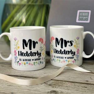 Mr And Mrs Floral Wedding Bone China Mug Set