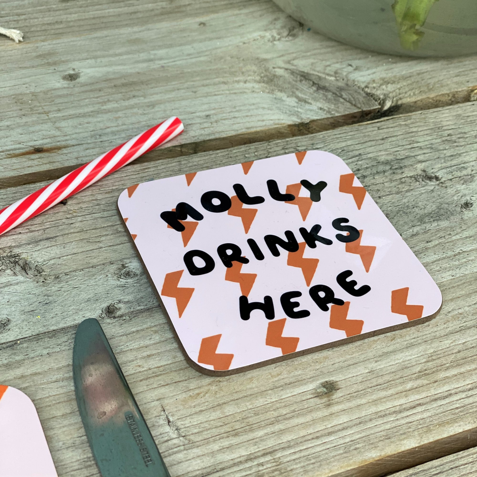 Bright Lightning Bolt Pink/Rust Personalised Coaster