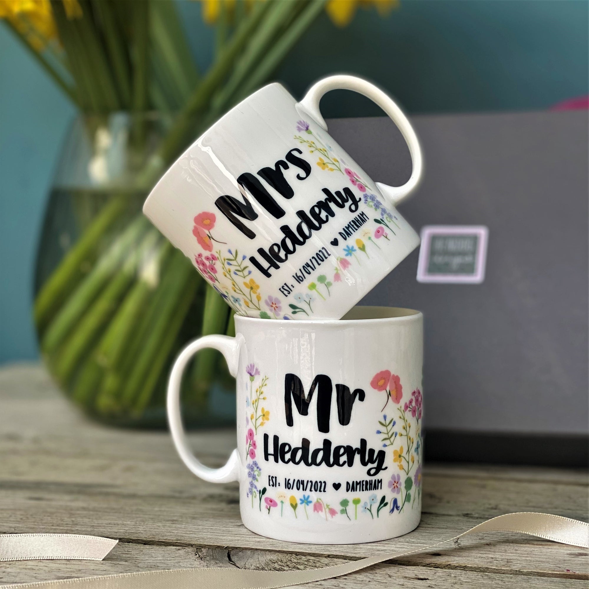 Mr And Mrs Floral Wedding Bone China Mug Set