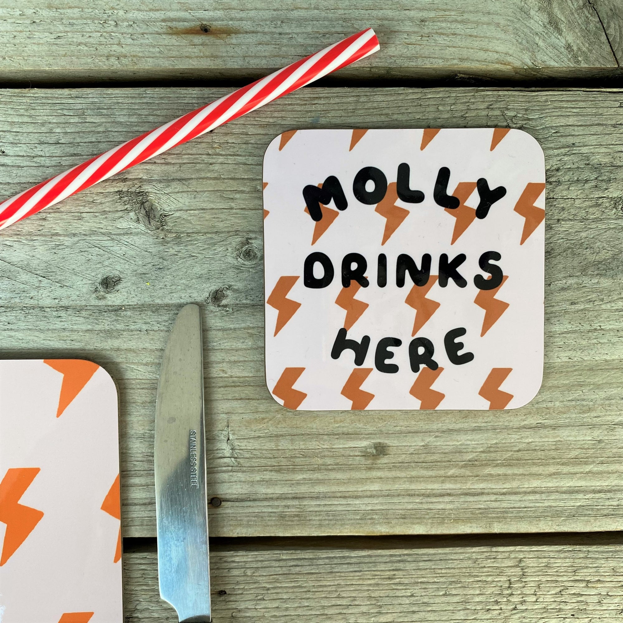 Bright Lightning Bolt Pink/Rust Personalised Coaster