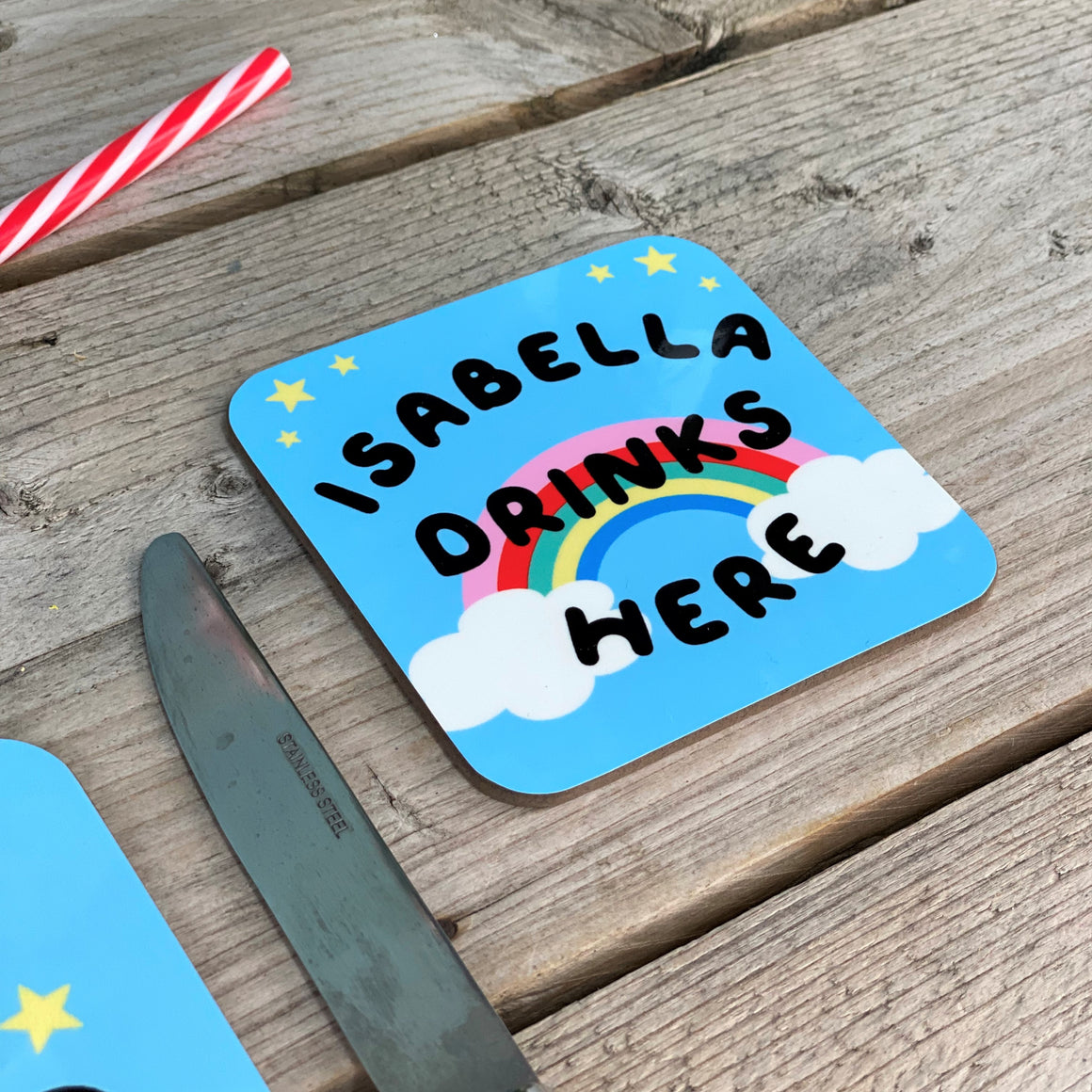 Bright Rainbow and Clouds Personalised Coaster
