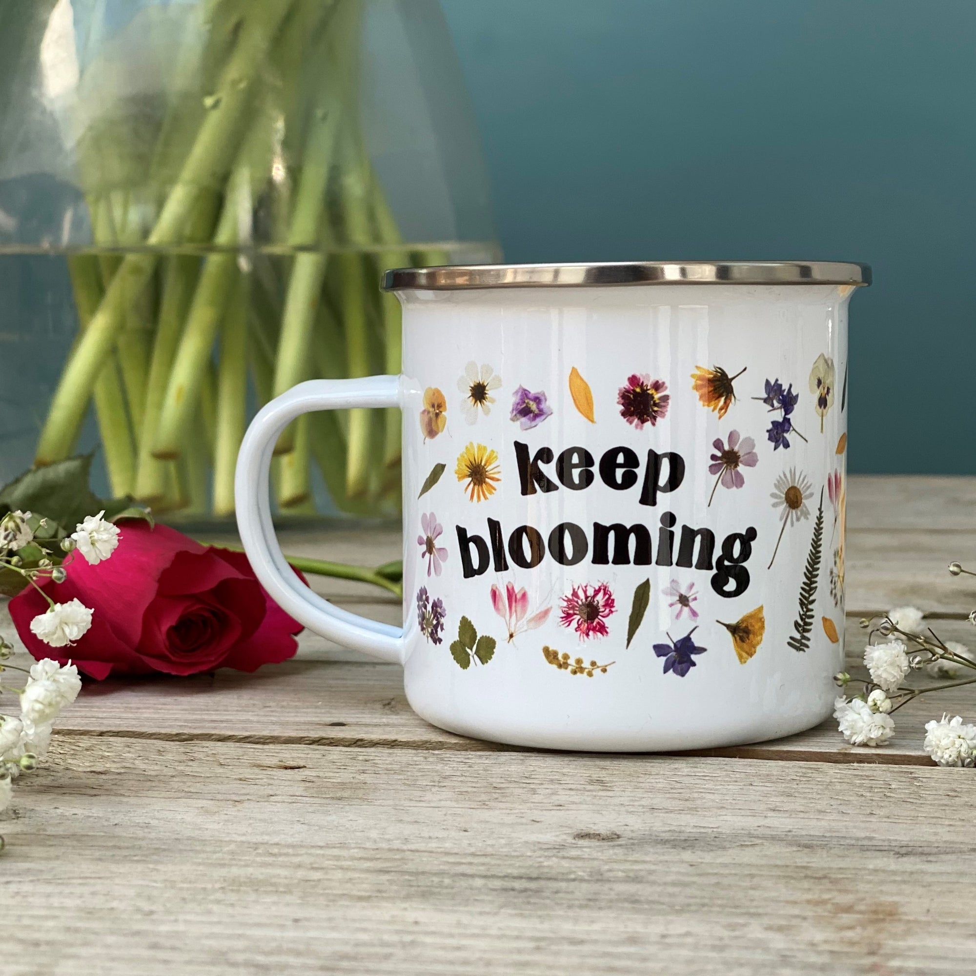 Keep Blooming Pressed Flower Enamel Mug