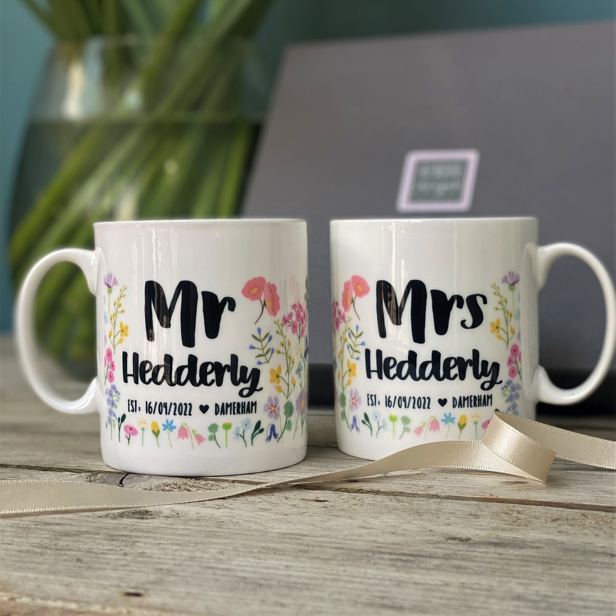 Mr And Mrs Floral Wedding Bone China Mug Set