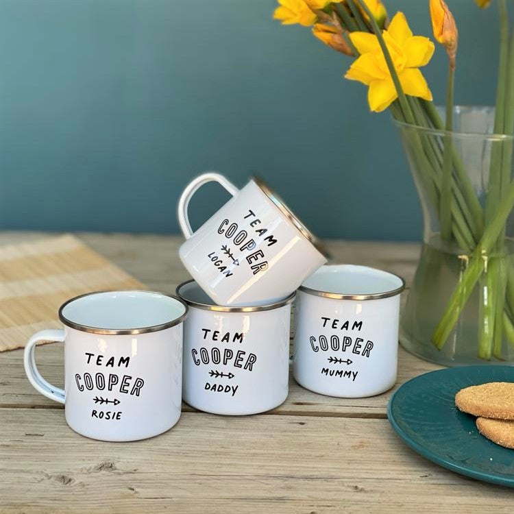 FAMILY PERSONALISED ENAMEL MUGS SET -  With College Font