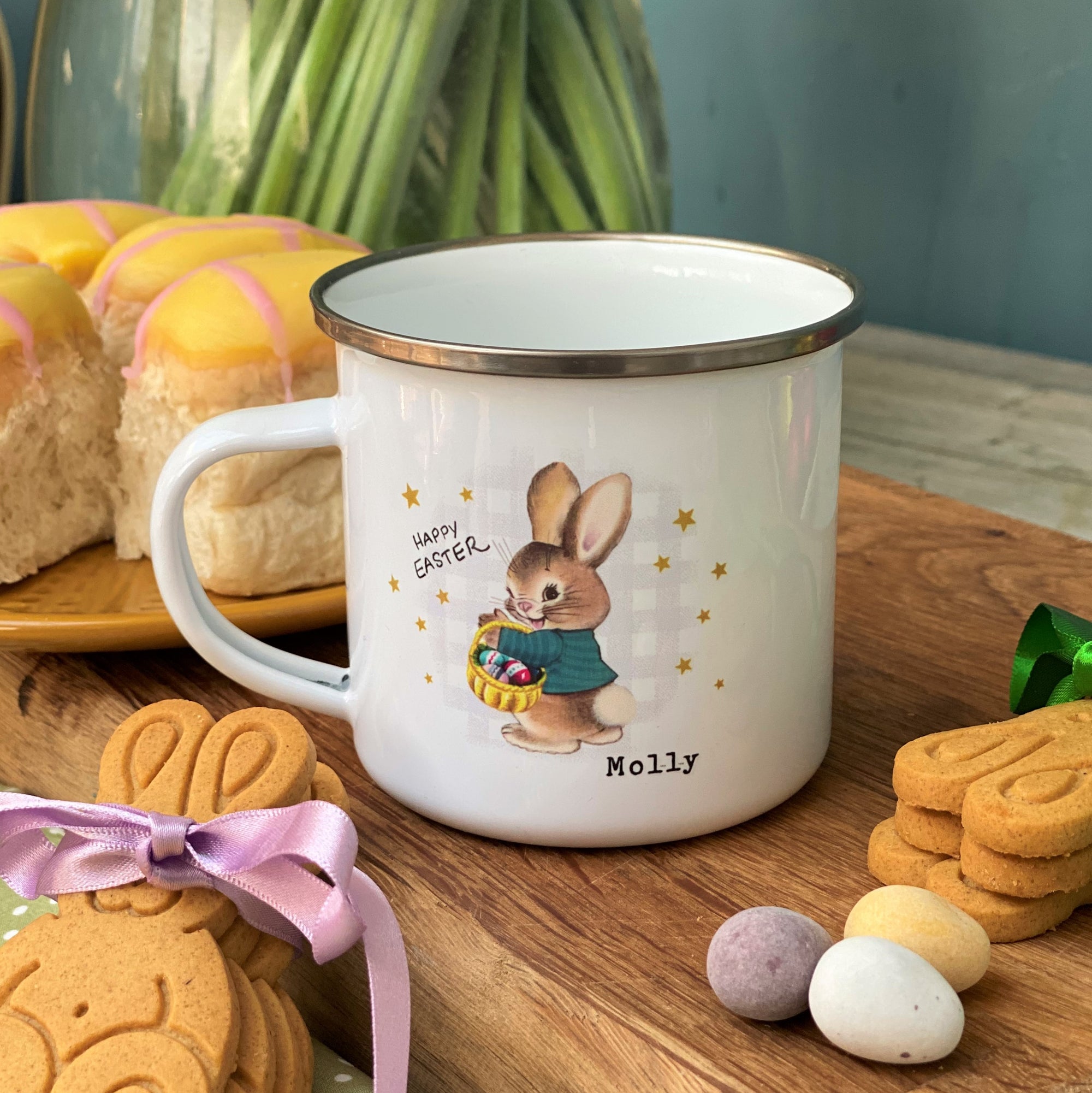 Retro Easter Bunny Gingham Background Enamel Mug