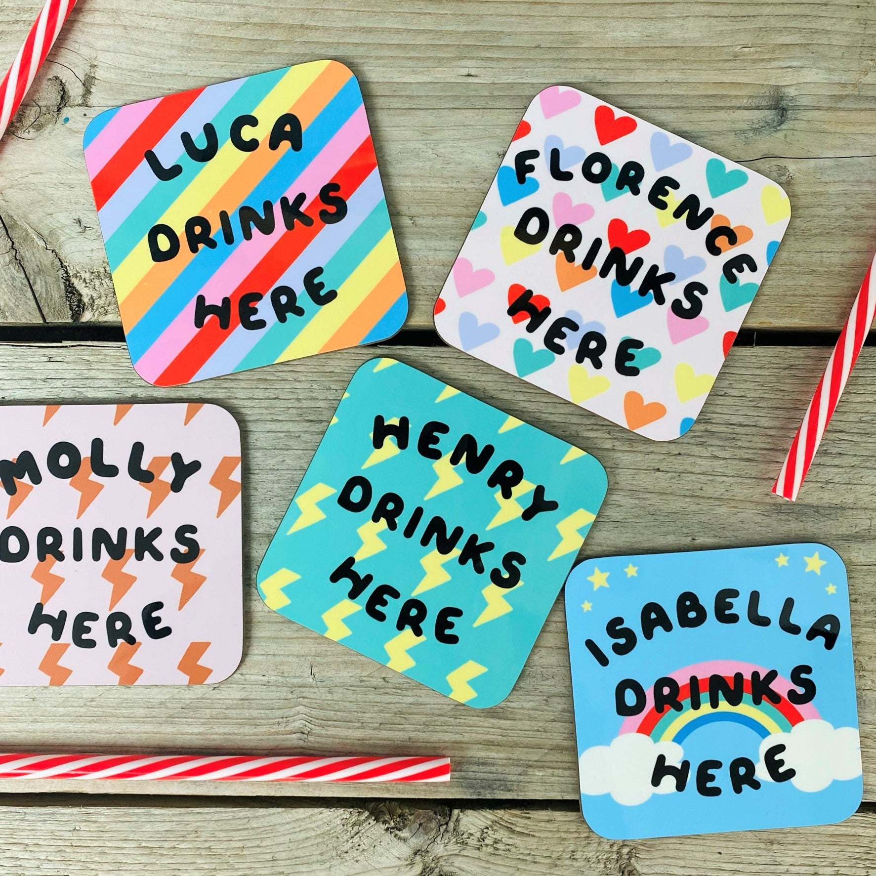 Bright Lightning Bolt Pink/Rust Personalised Coaster