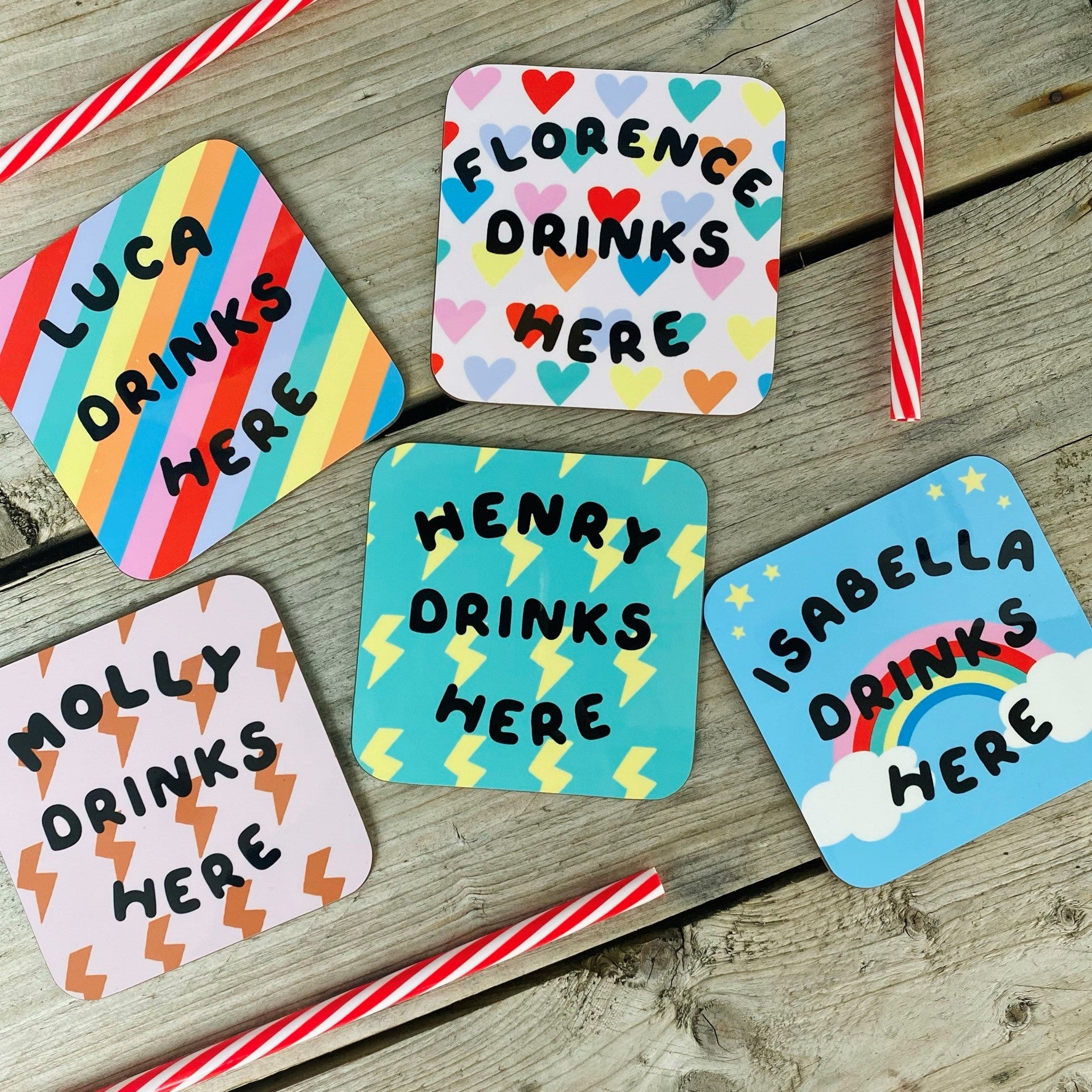 Bright Rainbow and Clouds Personalised Coaster