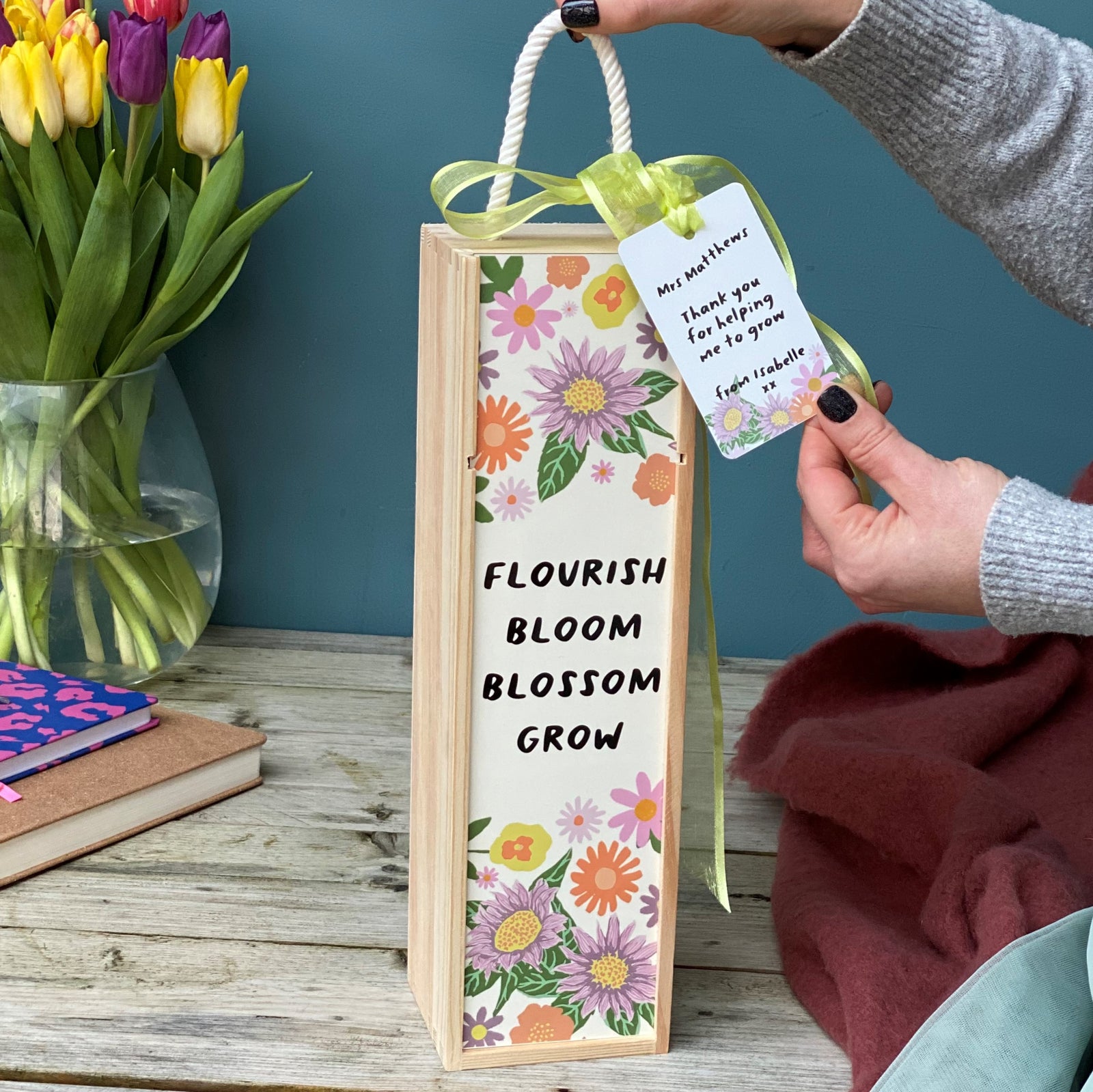 Teacher Floral Wine Box with personalised Tin Tag (Bottle not included)