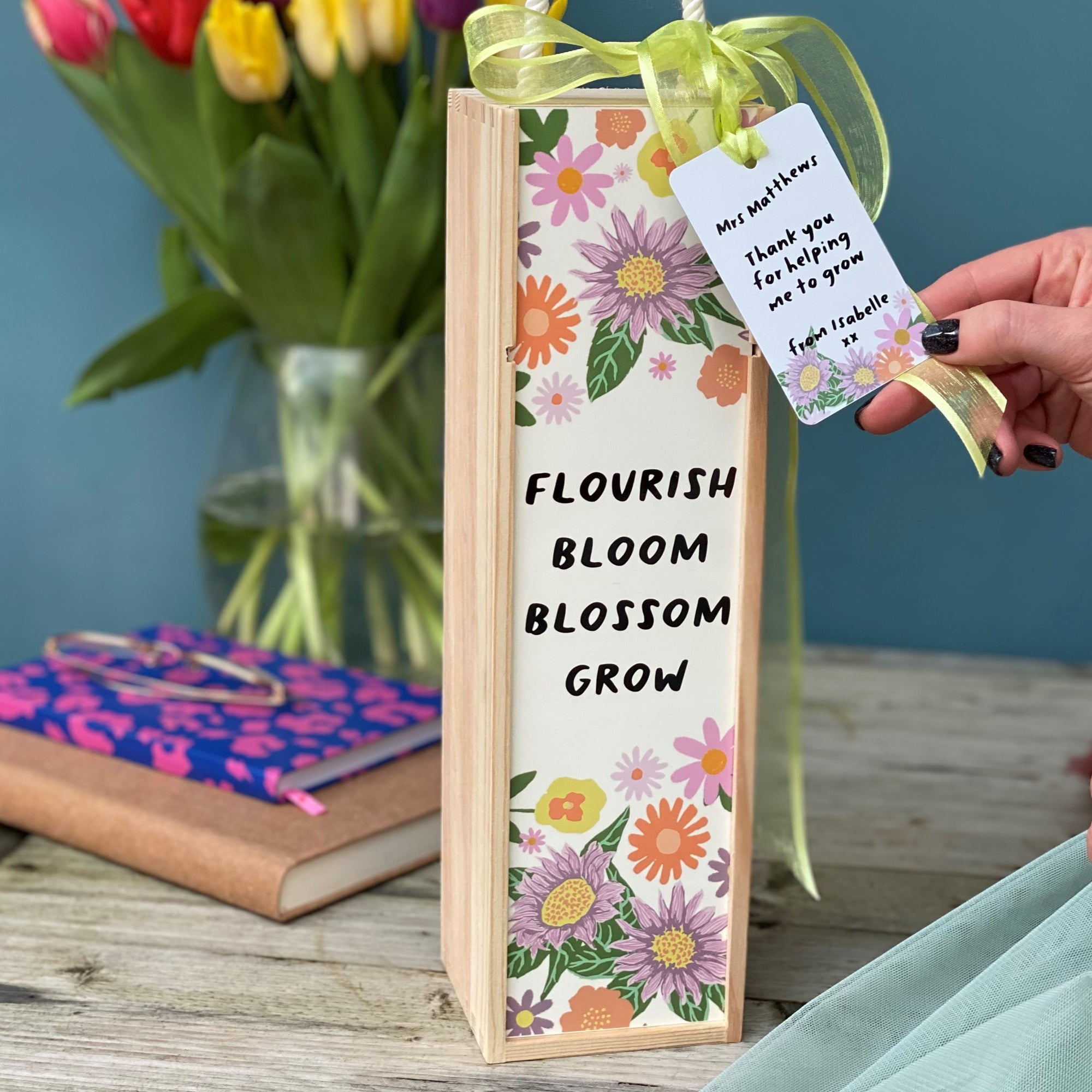 Teacher Floral Wine Box with personalised Tin Tag (Bottle not included)