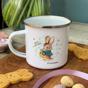 Retro Easter Bunny Gingham Background Enamel Mug