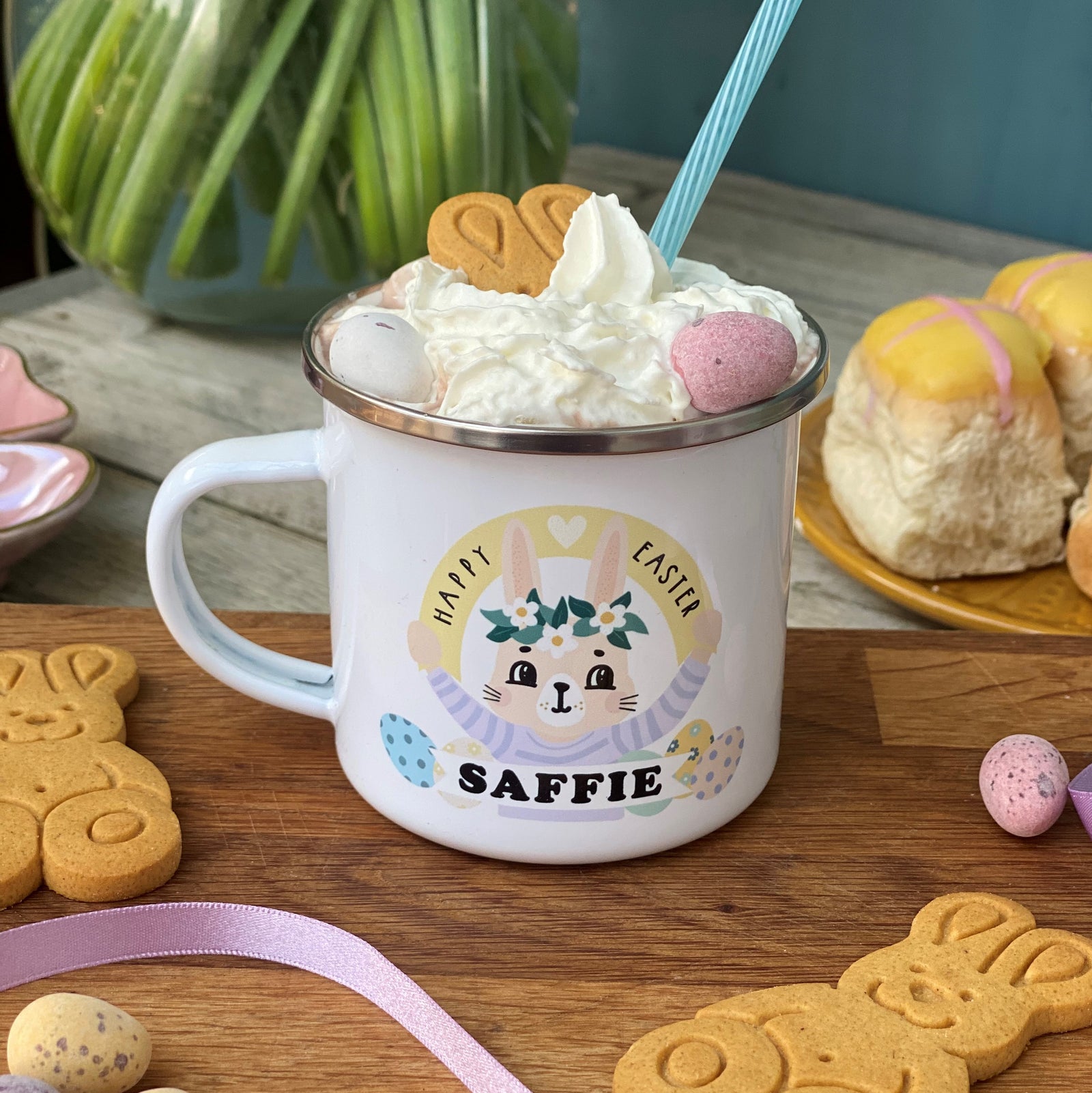 Cute Bunny Happy Easter Enamel Mug In Pastel Colours